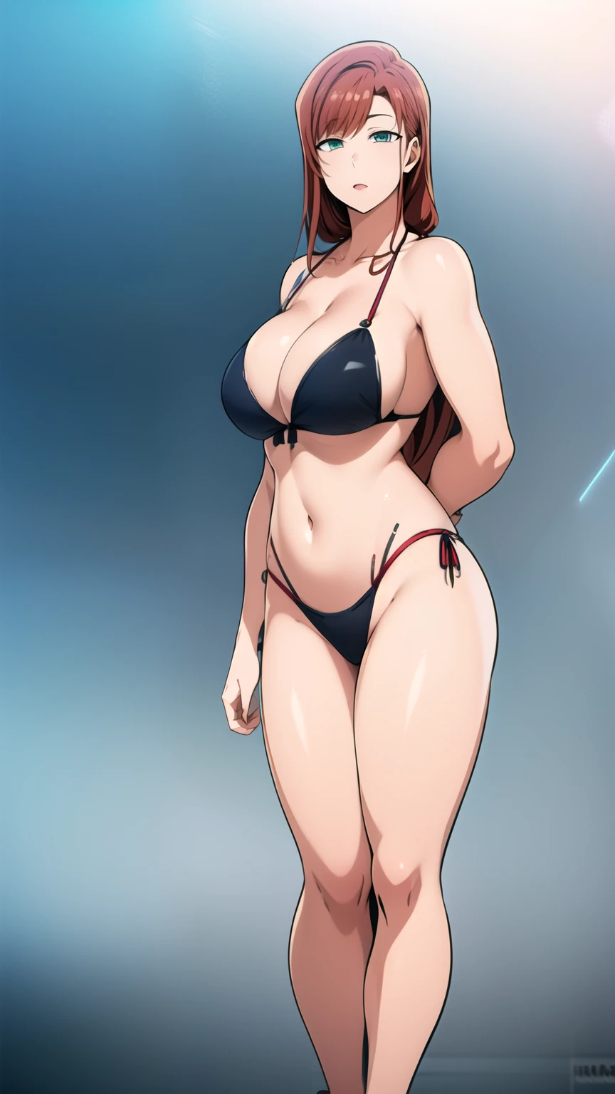 Strong girl on her back looking over her shoulders, long red hair, fair skin, full body, thick thighs, medium breasts, large buttocks, detailed and defined eyes with eyeliner, bikini, thic, 3d render character art, 8k, 3d character art, realistic character concept, unreal 3d engine, detailed