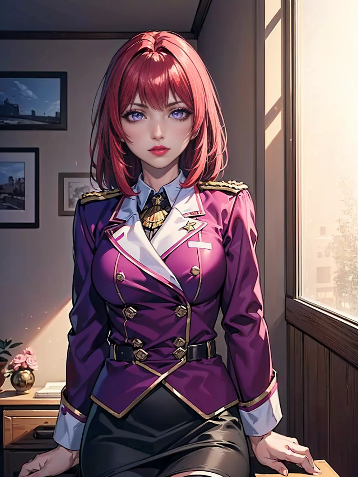 ((solo, 1woman, TakashiroHiroko, dark purple eyes, red hair, pink lipstick, Extremely detailed, ambient soft lighting, 4k, perfect eyes, a perfect face, perfect lighting, a 1girl)), ((solo, (1woman, pink lipstick), Extremely detailed, ambient soft lighting, 4k, perfect eyes, a perfect face, perfect lighting, a 1girl)), ((Deep purple eyes)), (((OfficerA, military uniform, skirt, SheikZ)))