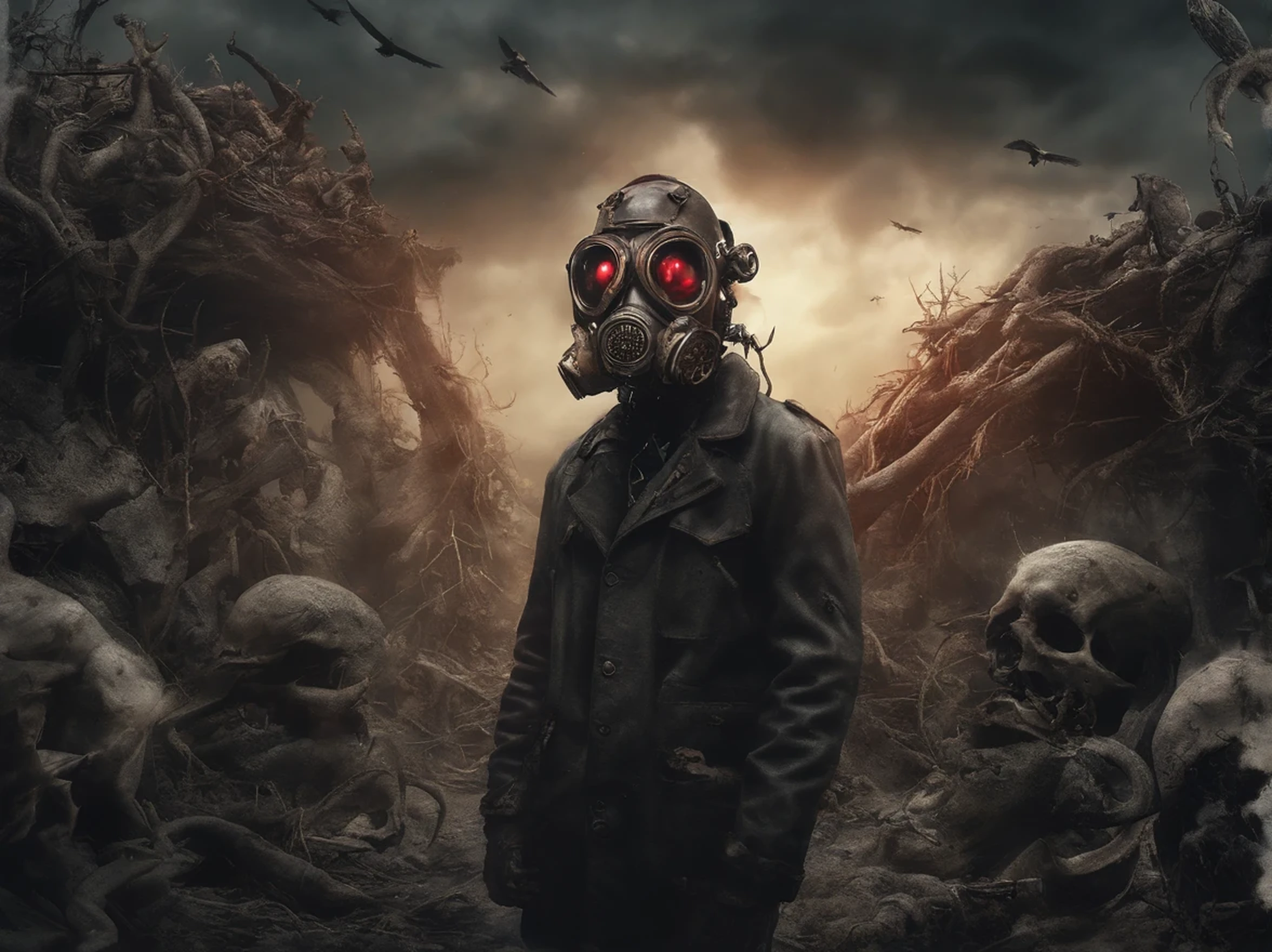 the sun is not'shine、ray tracing, A world of death where people can no longer live, best light, best shadow, clear image, Boiling pinkish red liquid spread on the ground、Rain of blood、Bloodstained, hellで死ぬ, darkness, cult, The end of the world, It is reminiscent of death, return to nothing, chaos, I can't stay alive, devil'face, a form of anger、(Photoreal:1.4)、Photographed with canon 5d mk4, canon eos 5 d mark ivで撮影しました。, canon eoa 6 d mark iiで撮影しました, very detailedな顔と肌の質感、 fine eyes、double eyelid、very detailed, small details, masterpiece, highest quality, origin of mankind、underworld、Desolate world of death、dark cloudsのあるworld of death、Desolate world of death、hell、dust dances、dust、There are many crows and vultures in the sky、dark clouds, blood gushes out, Apostle of the cult wearing a gas mask、A crow is sitting on a large skull suspended from chains., Photorealistic dark concept art, apocalyptic art, very realistic concept art, Detailed 4K horror artwork, 4Kvery detailedなデジタルアート, 4K concept art and hyperrealism, stylized fantasy artwork, Spooky nostalgic concept art, surreal concept art, blood gushes out、look up at the sky, world of death, reminiscent of death, chaos、red liquid、ash is flying、floating debris、huge floating object、world of death、(Photoreal:1.4)、Photographed with canon 5d mk4, canon eos 5 d mark ivで撮影しました。, canon eoa 6 d mark iiで撮影しました, very detailedな顔と肌の質感、 fine eyes、double eyelid、very detailed, small details, masterpiece, highest quality, Super detailed、dust、Wind