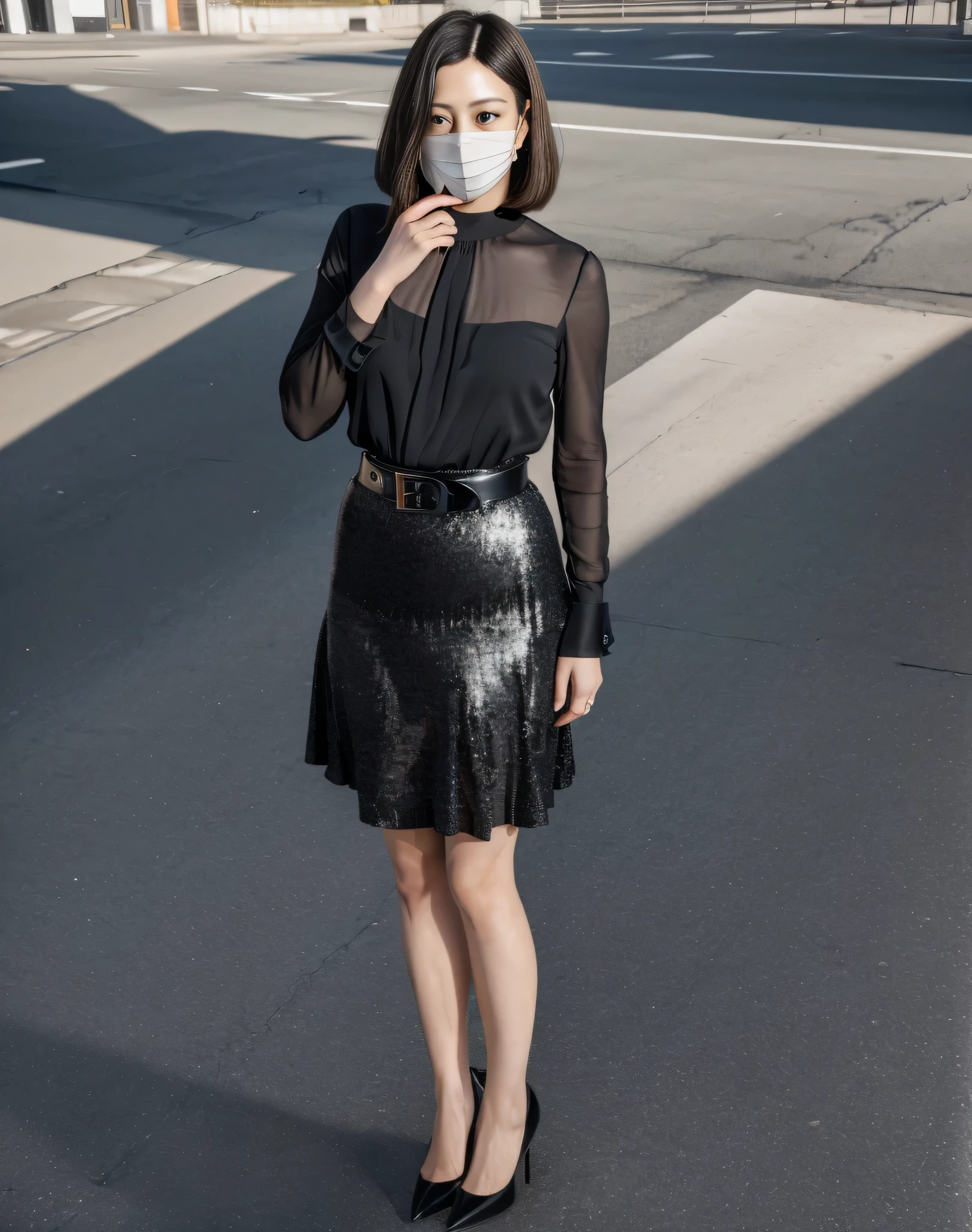 (surreal:1.4), (correct anatomy:1.3), (masterpiece, very detailed:1.3), (ultra high resolution:1.5), (Raw photo:1.4), (real human face:1.6), five fingers, 1 female, japanese woman, 31 years old, (he wears a black mask over his mouth:1.2), best hand, (slightly longer bob hair:1.2), Brown_hair, perfect charming face, Beautiful shining eyes of light, I raised my eyes a little, eyelash, big glossy lips, (blouse, skirt), belt,
Are standing, (full body shot:1.6), (I'm wearing black pointed toe pumps), good hand, good legs, (street:1.3), (sunlight), null:1.3,