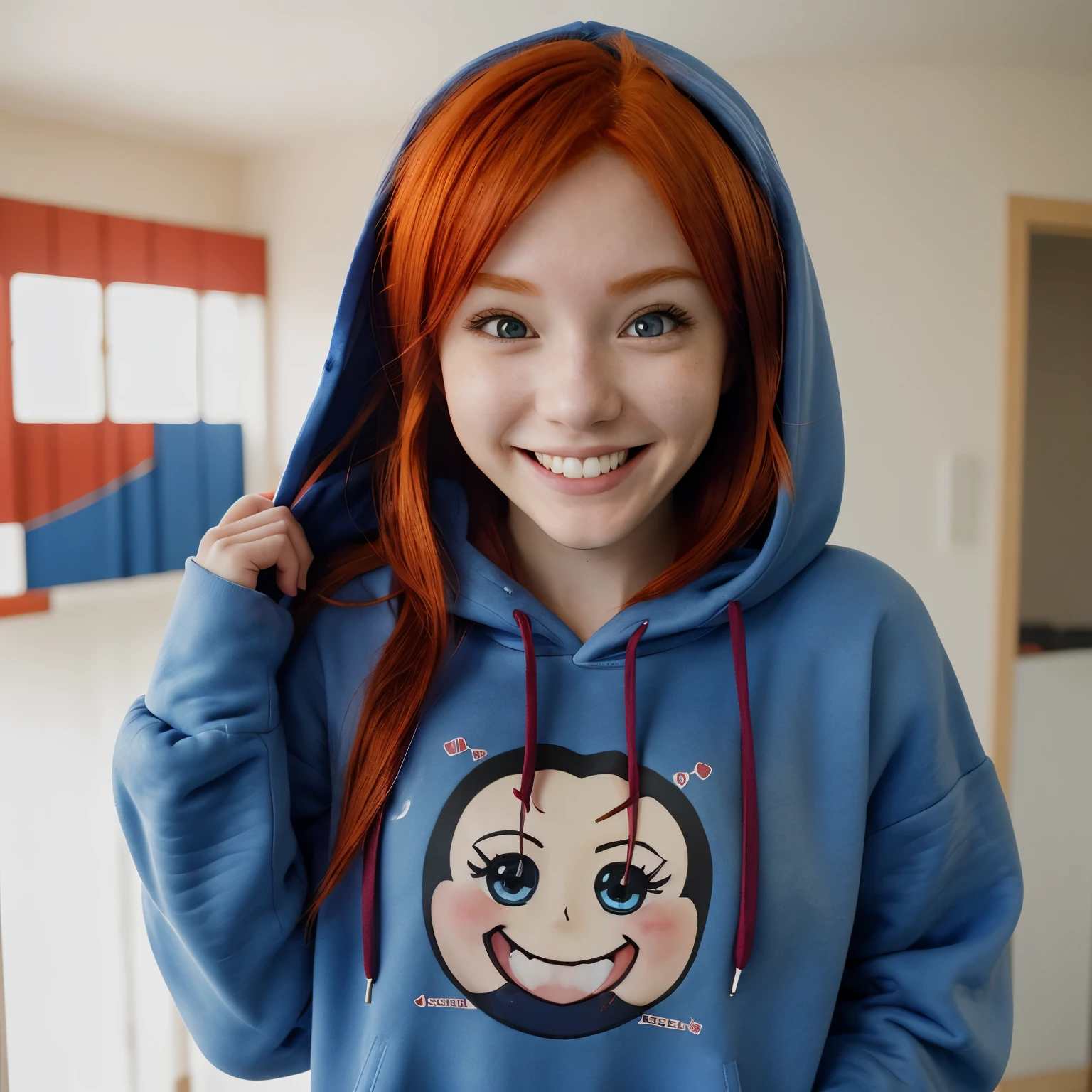 Red haired anime wearing blue hoodie smiling