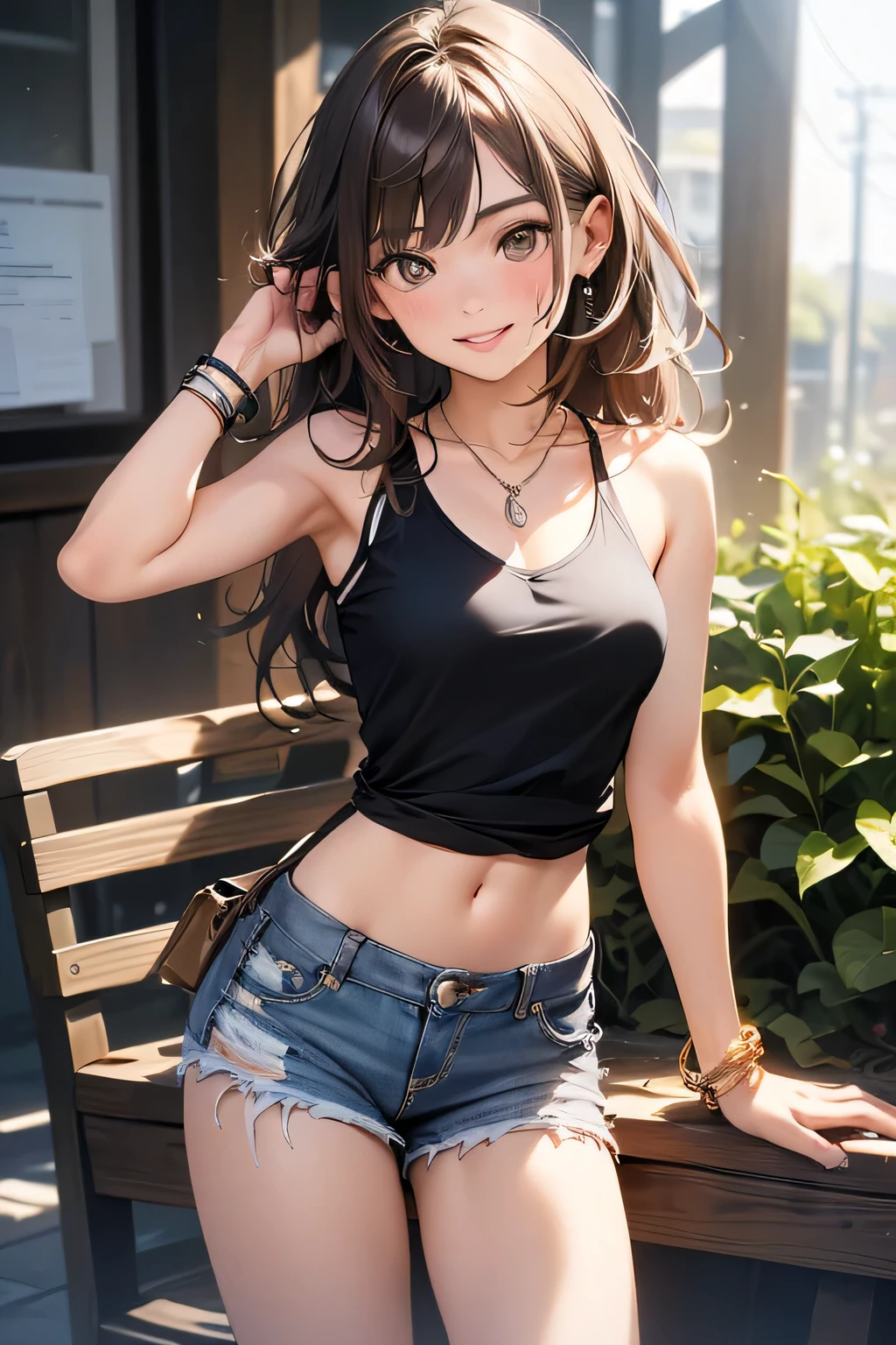 review, arm tattoo, masterpiece, highest quality, disorganized, 1 girl, Low ponytail, looking at the viewer, Are standing, outdoor, street, put your hand on your waist, teeth, grin and laugh, tooth, Navel exposed, cowboy shot, fingerless gloves, belt, denim shorts