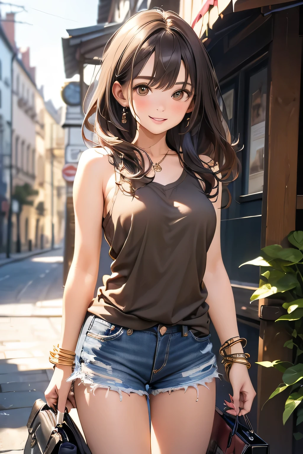 (masterpiece, best quality, Super detailed, high resolution, 4K),(Beautiful and delicate eyes),(The facial details are very rich),(1 girl),high dynamic range,long hair, shorts, Telephone, brown eyes, brown hair, cellTelephone, bracelet, Vest, jewelry, watch, lips, focus only, nail polish, vague background, Smile, wristwatch, actual, vague, looking at the audience
