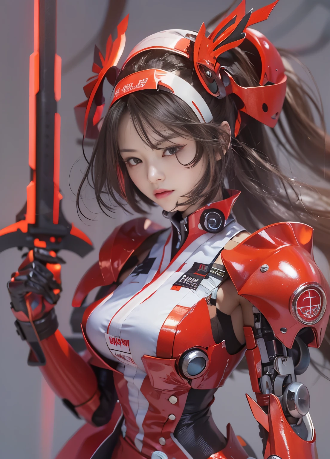 girl 1、highest quality、master piece、超A high resolution、Arad woman in futuristic suit with red mechanical wings and sword, Beautiful woman wearing red mechanical cyber armor, cyberpunk anime girl mecha, Anime robot and organic mixed together, mechanized red valkyrie girl, perfect anime cyborg woman, cute cyborg girl, female mecha, A simple futuristic cyborg, beautiful girl cyborg, beautiful robot character design,((Ultra realistic details))， Realistic character art rendering 8K, anime robot、(red glowing eyes)、have a sword、((Mai Shiranui:1.6))、high ponytail