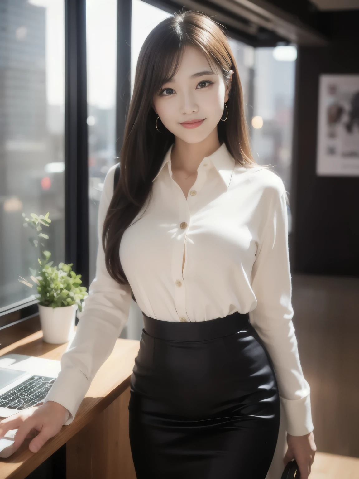 1 female solo office worker, Let's take a walk in the hallway, /(Luxury Silk Shirt Pencil Skirt/) /(id card strap/),gentle smile, (Masterpiece of the highest quality:1.2) Super detailed, big chest, arms lowered, Pantyhose BREAK /(indoor modern office/), /(Night on the skyscraper in the window/)