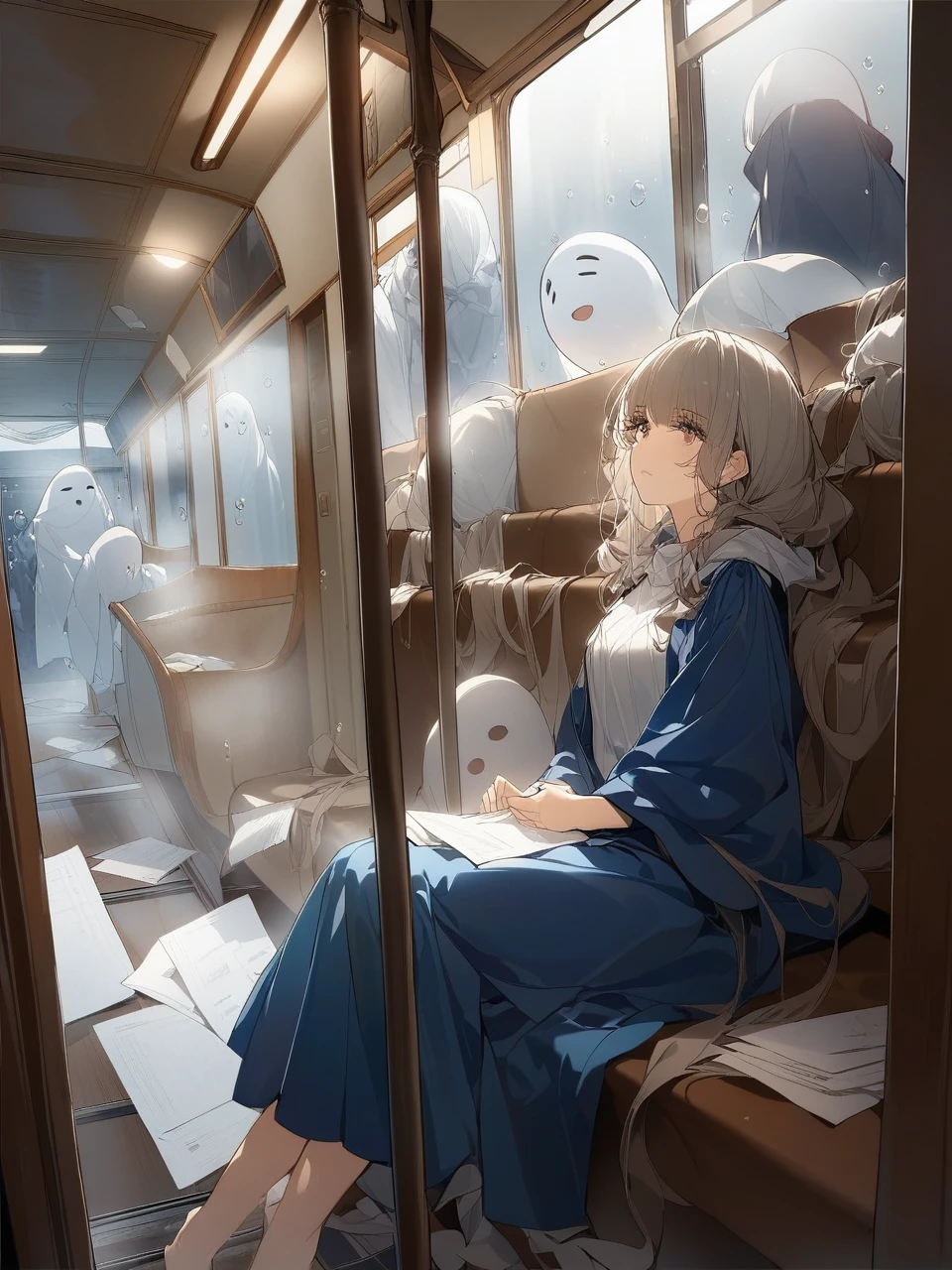 ((Masterpiece), qualidaed absurda, 16k, 1garota de cabelos curtos, roupa de casaco azul escuro, she is sitting inside a subway, the carriage has a floor dirty with some papers, toco de cigarros. In the wagon, num canto escuro mal iluminado por uma luz que pisca, um personagem sem rosto do studio ghibli, is close to the girl. The girl breathes cold air that comes out of her breath. A dim light coming from outside the carriage through the window fogged by droplets of cold rain illuminates the atmosphere of the carriage.. The girl with serene and thoughtful expression, is being watched by faceless ghosts.