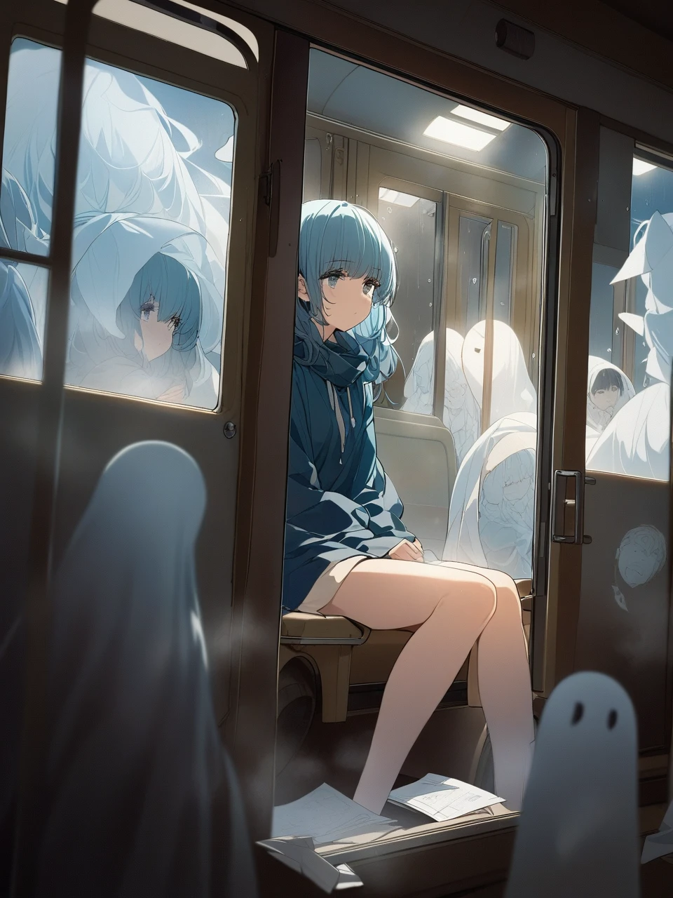 ((Masterpiece), qualidaed absurda, 16k, 1garota de cabelos curtos, roupa de casaco azul escuro, she is sitting inside a subway, the carriage has a floor dirty with some papers, toco de cigarros. In the wagon, num canto escuro mal iluminado por uma luz que pisca, um personagem sem rosto do studio ghibli, is close to the girl. The girl breathes cold air that comes out of her breath. A dim light coming from outside the carriage through the window fogged by droplets of cold rain illuminates the atmosphere of the carriage.. The girl with serene and thoughtful expression, is being watched by faceless ghosts.