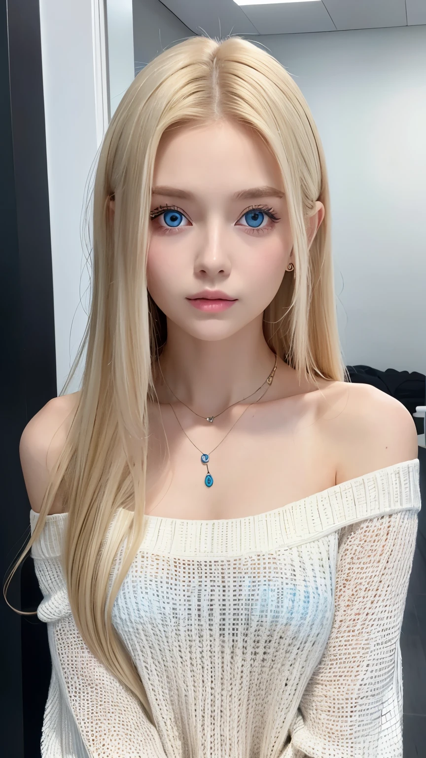 1 girl, 19 years old, extraordinary beauty、alone, Long blonde hair, Huge , looking at the viewer, silky blonde hair, bare shoulders, bright pale blue eyes, gem, full body, necklace, off shoulder, black sweater, realistic, sexy 8k、gross face、cheek gloss、small face beauty、