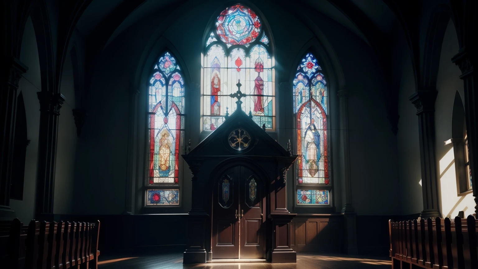 Dark church confessional with stained glass