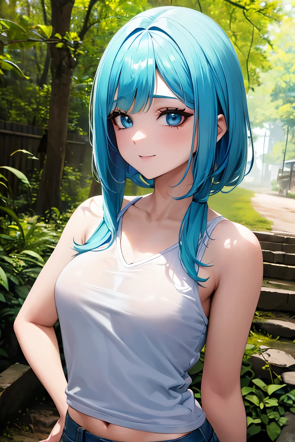 Garota de anime, cabelo rosa, olhos verdes, camisa vermelha, ((roupas folgadas)), short jeans, ((azul claro)), (( cinto de couro)), White sneakers, ((all star)), rosto angelical, sorriso 4:3, olhos semifechados, pele branca, ((fofa)), ((mulher)), ((cabelo curto)), ((rosto feliz)), ((melhor qualidade)), ((4k)), hd, melhor qualidade,