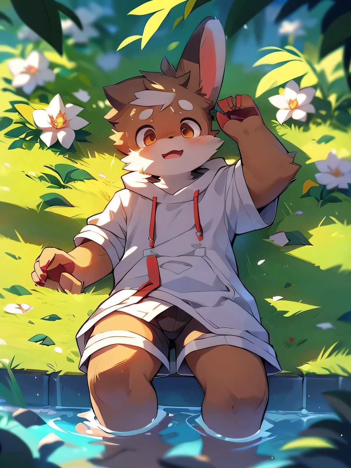 masterpiece, best quality, perfect anatomy, water汪汪的大眼睛, author：Tits1145, author：British, hairy, ((rabbit)), (Phyllis:0.3), muscular man, alone, wear, baggy clothes, wet fur, (Translucent raincoat:1.1), (holding flowers:1.1), lie, Aerial View, Grass, rain, water, 下rain了，((boys，Shota))male focus，beard