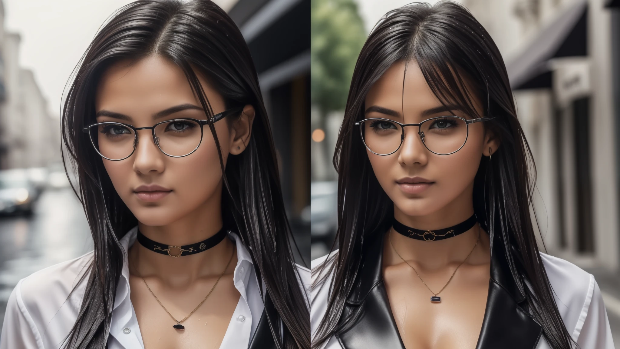 ((best qualtiy, 8k, tmasterpiece:1.3)), sharp:1.2, (full body1.2)perfect figure beautiful woman:1.4, Slim abs:1.2, ((Layered Hair Style, huge tit:1.3)), (Long shirt with wet white buttons:1.1),(Sateen,the street:1.2),Get wet:1.5,Highly detailed facial and skin texture,detailed eyes,double eyelid,Look sideways at the camera, sexy glasses, choker, photo by arny freytag