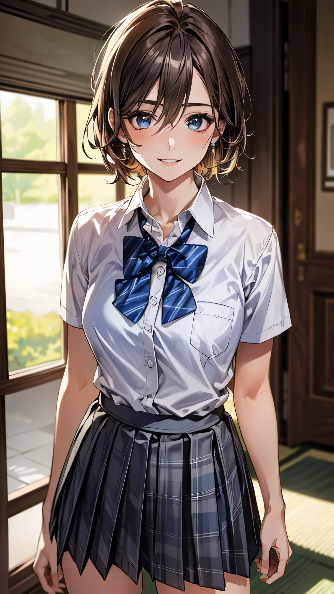 (masterpiece, best quality;1.3),extremely beautiful detailed anime face and eyes,extremely detailed illustrations,1girl, solo, 18-year-old、detailed skin, dark skin,((Japan in school uniform:1.5))、(sweat,collared shirt,white crop shirt、Navel is visible、protruding nipples、navy pleated mini skirt),ideal ratio body proportions,slender body,medium breast,cowboy shot, shy look、 nadia,short cut hair,dark purple hair,standing, sadamoto yoshiyuki,bustling street、Tokyo、