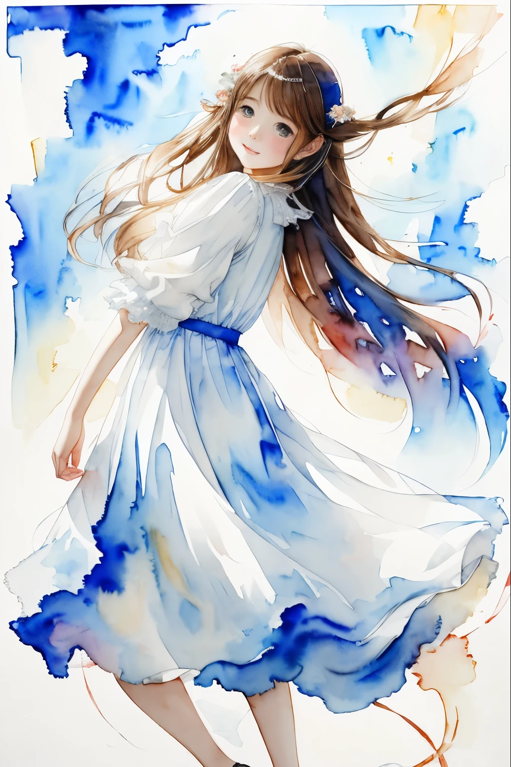 8k,masterpiece,highest quality, (from below:1.6) ,dynamic pose,A 12-year-old girl waiting for spring, bright lights, long hair, blown by the wind、smile, watercolor painting \(Moderate\),watercolor painting,(body-hugging white dress:1.3)