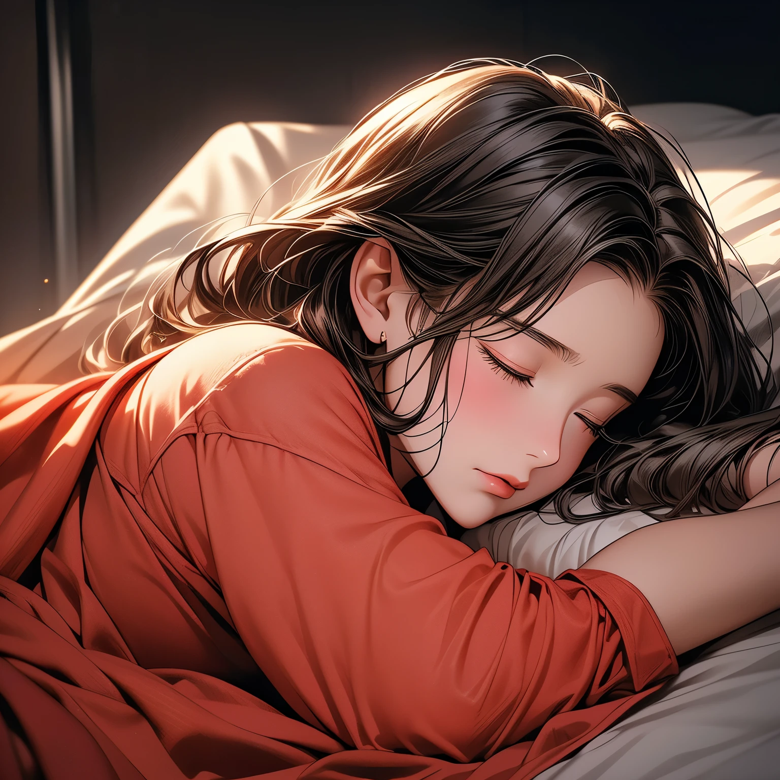 (top quality, high resolution, high quality), realistic style, (warm and vivid primary color palette), beautiful woman sleeping, (cooling sheet on forehead), wearing cozy pajamas, curled up under covers on private bed, troubled expression, (wrapped in blanket, holding smartphone:1. 4), (richly rendered in delicate detail)