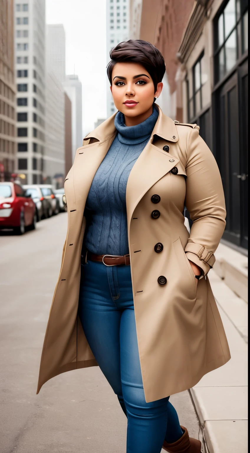 Maya, a curvy model of mixed heritage with short pixie-cut hair, full breasts, and a voluptuous buttocks, bundles up in a cozy knit sweater, skinny jeans, knee-high boots, and a stylish trench coat, showcasing Chicago's blend of sophistication and practicality.