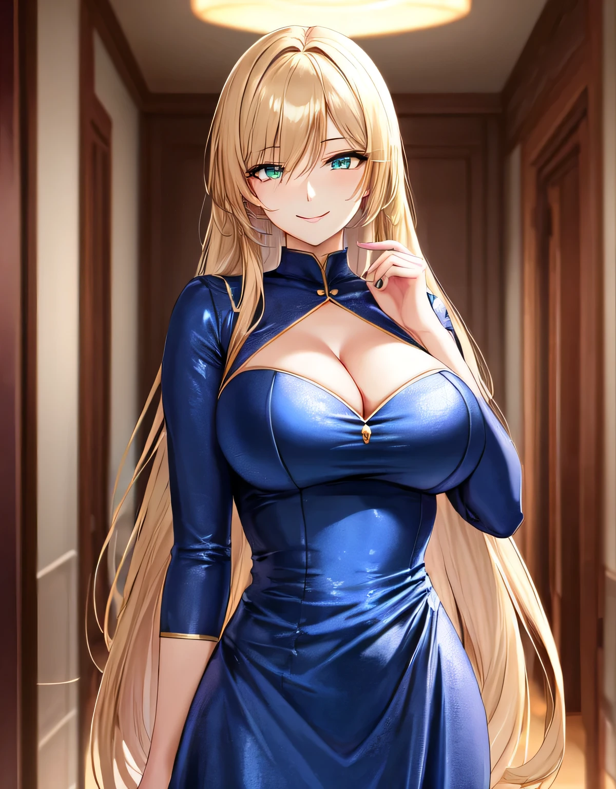 (big breasts:1.5),(shiny,hair),((alone)),((masterpiece)),((highest quality)),perfect anatomy,slim waist,perfect image,8k uh,(detailed and beautiful eyes:1.5),highly detailed face,Are standing,(Upper body:1.1),(look ahead:1.1),back arm,Super detailed,disorganized,High resolution,blonde hair,semi-long hair,indoor hall,前hair,(sensitive smile:1.2),(shiny blue dress:1.1),cleavage,(light green eyes:1.1),