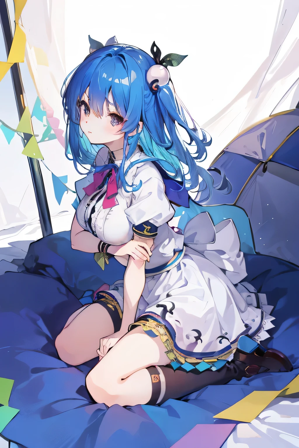 (masterpiece),best quality, expressive eyes, perfect face,sit, sit on ground, legs on the ground, 1girl,
big breasts, H cup, Good breasts, arms crossed, Fair, Gorgeous,japanese manga,girl,Laura,young angel, blue hair, blue haired,tent , tent chest, tent breast, floating clothes