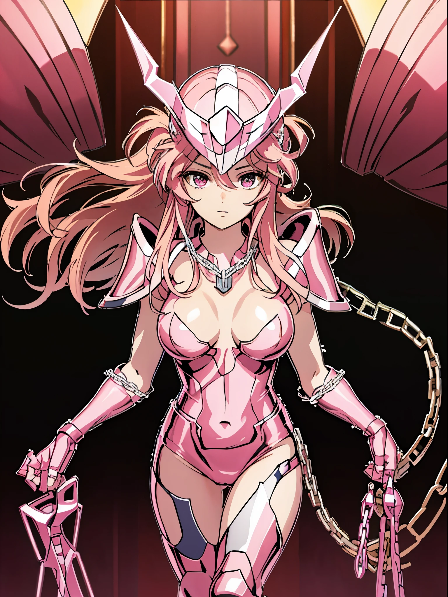 masterpiece, best quality, ultra high res, realistic skin texture, armature, (photorealistic:1.4), high resolution, raw photo, shiny skin, realistic skin texture, best lighting, sparkle, dramatic lighting, dynamic pose, (greek temple background:1.3), night sky, cosmos, milky way, 1girl, balanced eyes, Andromeda Shun, pink/purple armor, roman skirt plate, (breast plate:1.5), cleavage, pink hair, (pink helmet:1.3), red eyes, (looking at viewer:1.3), (medium breast:1.3), slight smile, (chains around arms:1.3),