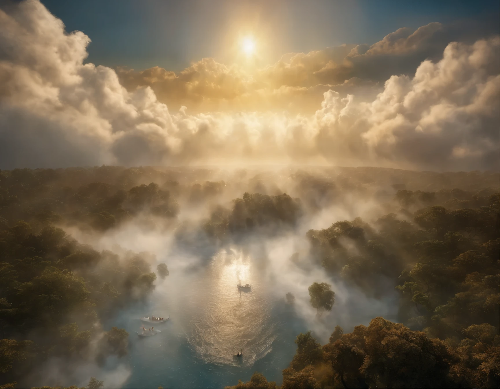 The Rapture ,Thousands of people are floating in the air,Standing on the clouds, Thousands of people are dressed in white, Raise your hands and sing hymns to praise God. The scenes are magnificent and surreal. (Best Quality, 4k, 8K, high resolucion, Masterpiece:1.2), Ultra-detailed, (realisitic, Photorealistic, Realistis:1.37), portrait of a, Vivid colors, studio lit, Sharp focus, physics based rendering, extreme detail description, Biblical Topics, grand ambience, radiant light.