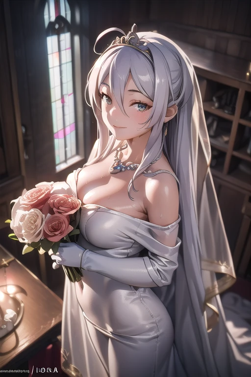 (from above:1.2),(from side:0.9), ((Face)), (Close-Up:0.4), ((looking at viewer, holding a bouquet to his mouth)), highest quality、(real、photorealistic:1.4)、(RAW photo:1.2)、very detailed CG unity 8k wallpaper, delicate and beautiful, wonderful, Fine detail, official art, disorganized, very disorganized, huge file size, Ultra-detailed, very detailed, very detailed girl, very detailedなeyes and face, Bright on the face、(age girl:1.7)、small smile, ,smiling, miorine rembran, ahoge, (white hair:1.25), hair between eyes, hair bun, (long hair:1.25), tiara,,ruanyi0261,off-shoulder dress,pearl \(gemstone\),tiara,veil,wedding dress, wedding necklace, wedding long gloves, (luxurious bouquet), chapel, Stained glass,(best quality, highres, masterpiece:1.2), ultra-detailed, (realistic:1.37) illustration, erotic style, soft lighting, sweat glistening on her body, gentle warmth, dark and mysterious, small breast,narrow waist,(with sparkling eyes and a contagious smile),her thin pubic hair, looking at viewer,