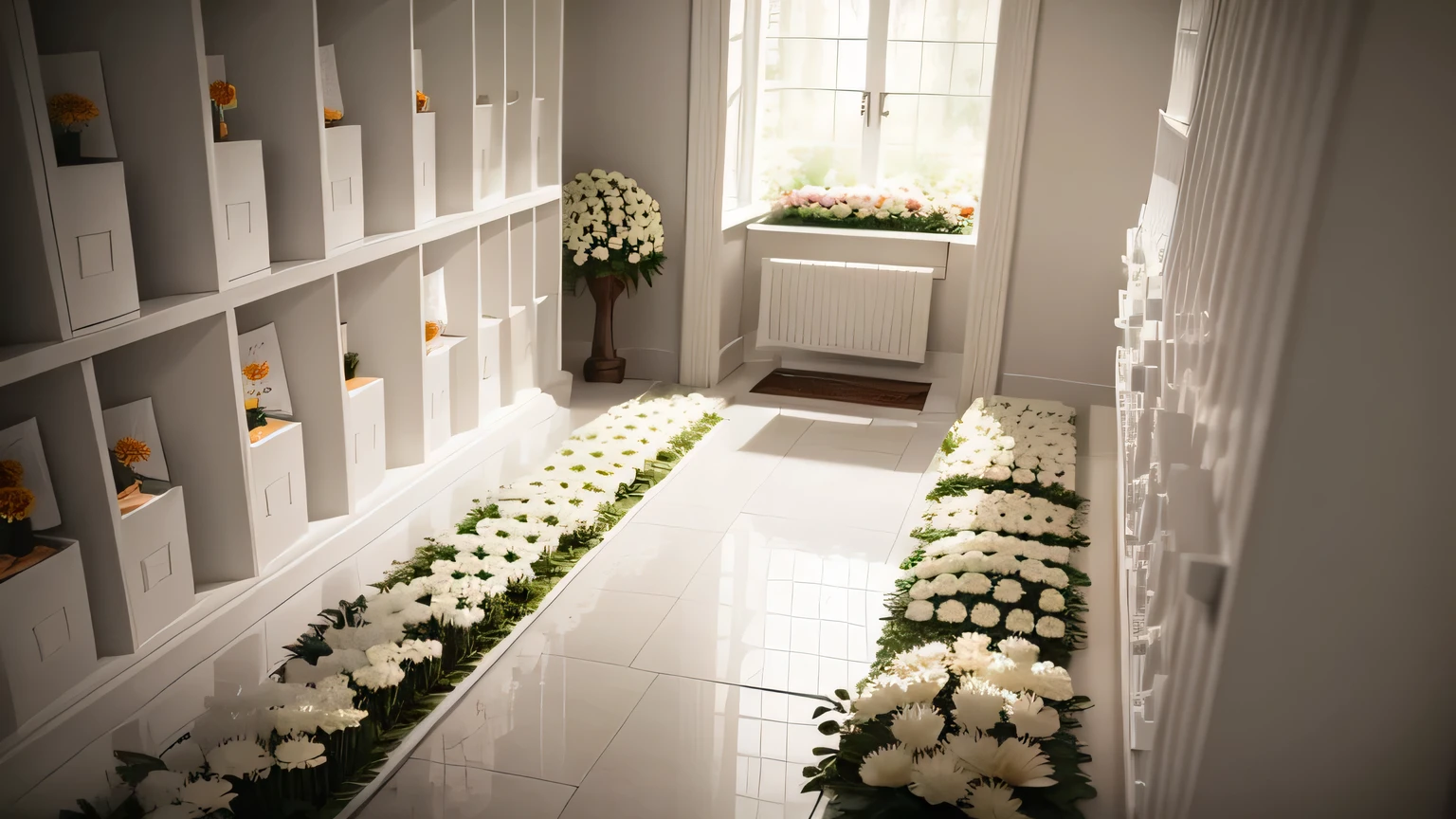 a place to remember the dead，A place where flowers are given to the deceased，Rows of white square boxes on white shelves，memorial funeral home