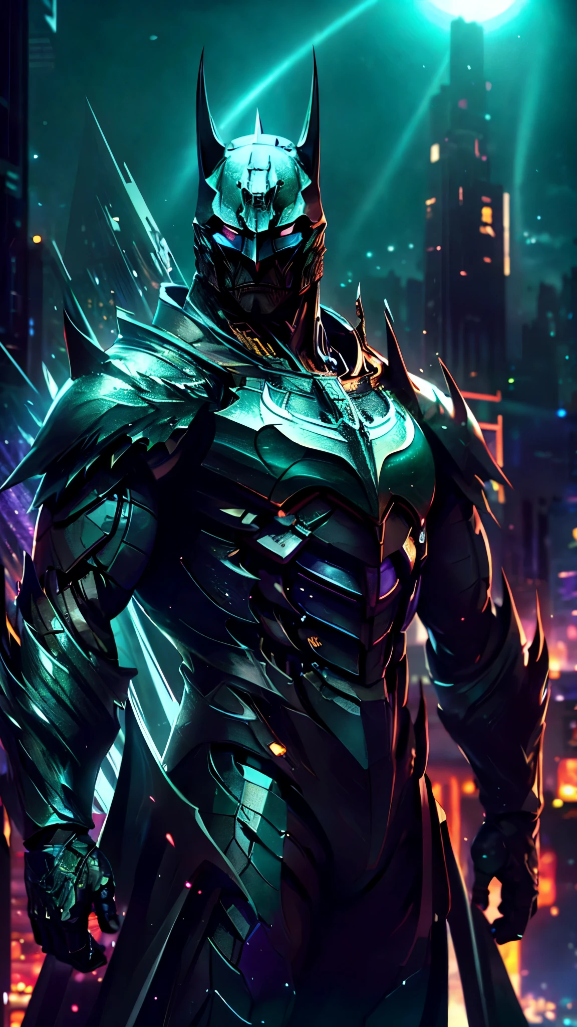 From mechs, The Dark Knight Batman stands majestically in the Gothic city。rays of moonlight,The scenery is lush,mistic,Futuristic,Night environment。The footage recorded everything in detail,Another female warrior,In front of him。