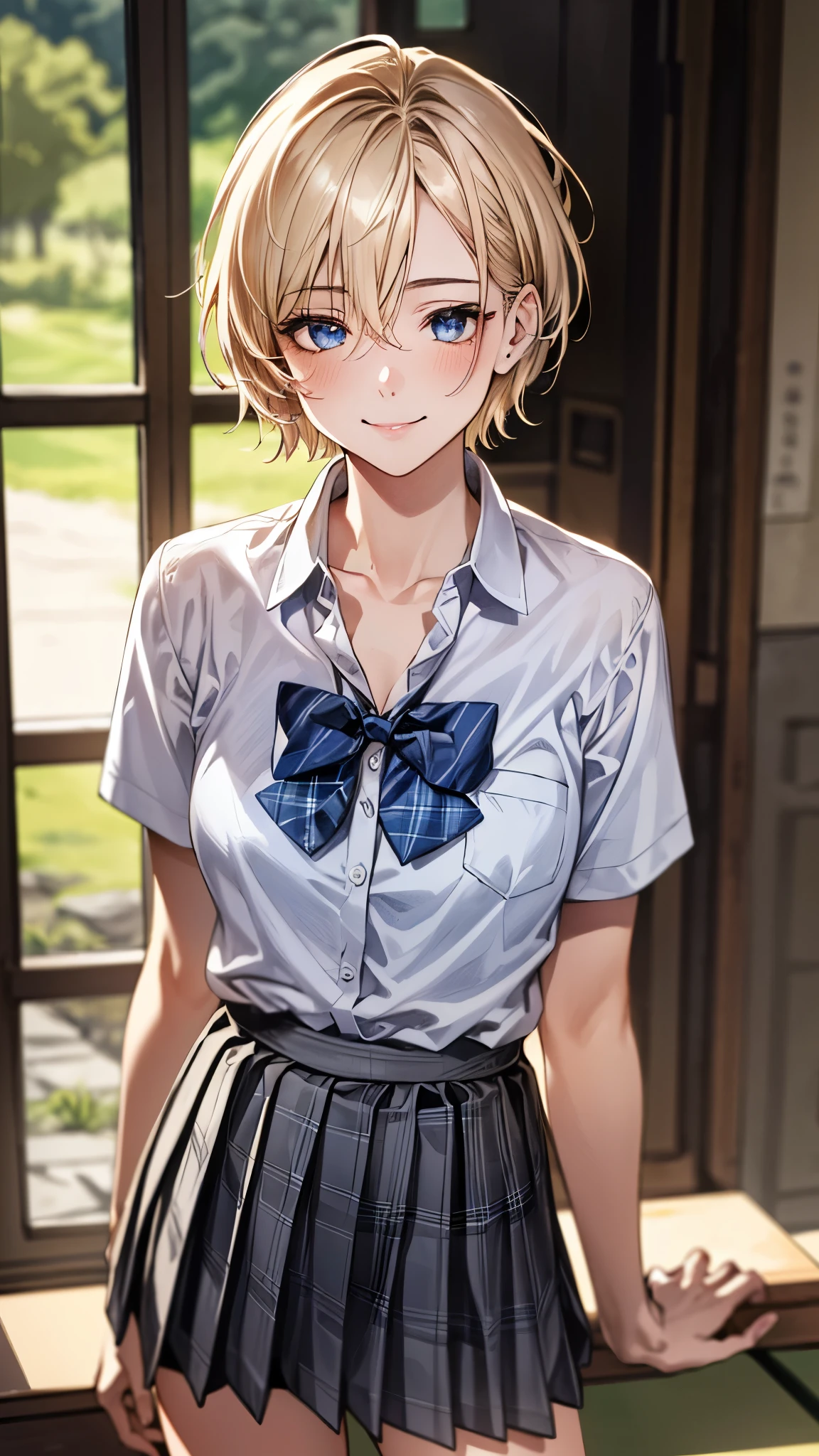 (masterpiece:1.3, top-quality, ultra high res, ultra detailed), (realistic, photorealistic:1.4), beautiful illustration, perfect lighting, natural lighting, colorful, depth of fields, 
looking at viewer, full body, front view:0.6, 1 girl, japanese, high school girl, perfect face, (perfect anatomy), cute and symmetrical face, baby face, shiny skin, , 
(short hair:1.5, pixie cut:1.2, blonde hair), hair between eyes, blue eyes, long eye lasher, (large breasts:0.8), 
beautiful hair, beautiful face, beautiful detailed eyes, beautiful clavicle, beautiful body, beautiful chest, beautiful thigh, beautiful legs, beautiful fingers, 
((collared short sleeve shirt, white shirt, gray plaid pleated skirt, blue plaid bow tie)), white panties, 
(beautiful scenery), day time, (school), standing, (lift the skirt, grab the hem of the skirt, put your hand on your chest, hand between legs), (seductive smile, upper eyes),