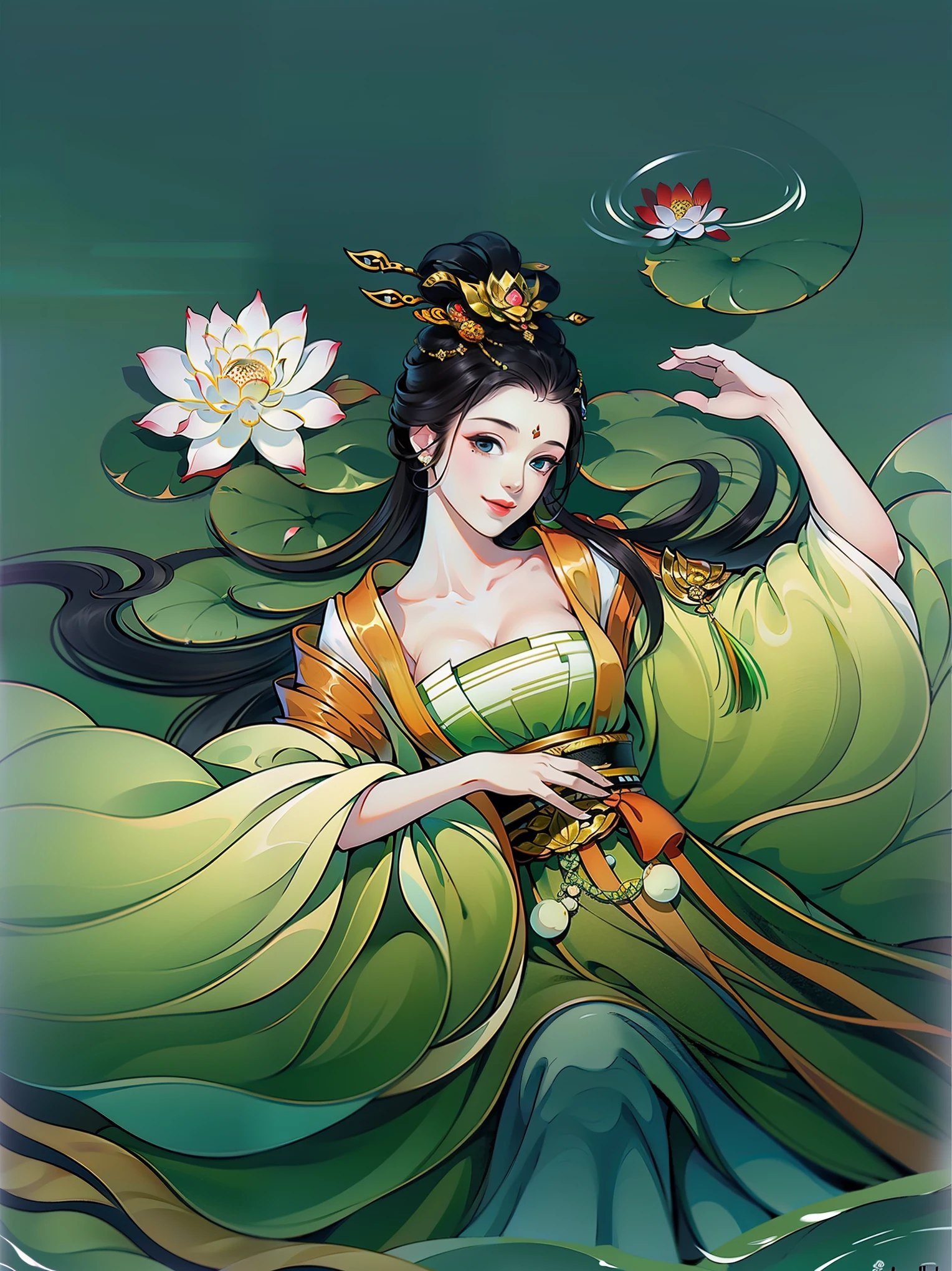 （masterpiece，super detailed，HD details，highly detailed art）1 girl lying in the water，alone，long hair，Smile，feet in water，barefoot，ink，Chinese painting，lotus, hanfu，Highly detailed character designs from East Asia，Game character costume design，ultra high resolution, sharp focus, epic work, masterpiece, (Very detailed CG unified 8k wallpaper)，pretty face，beautiful eyes，HD details