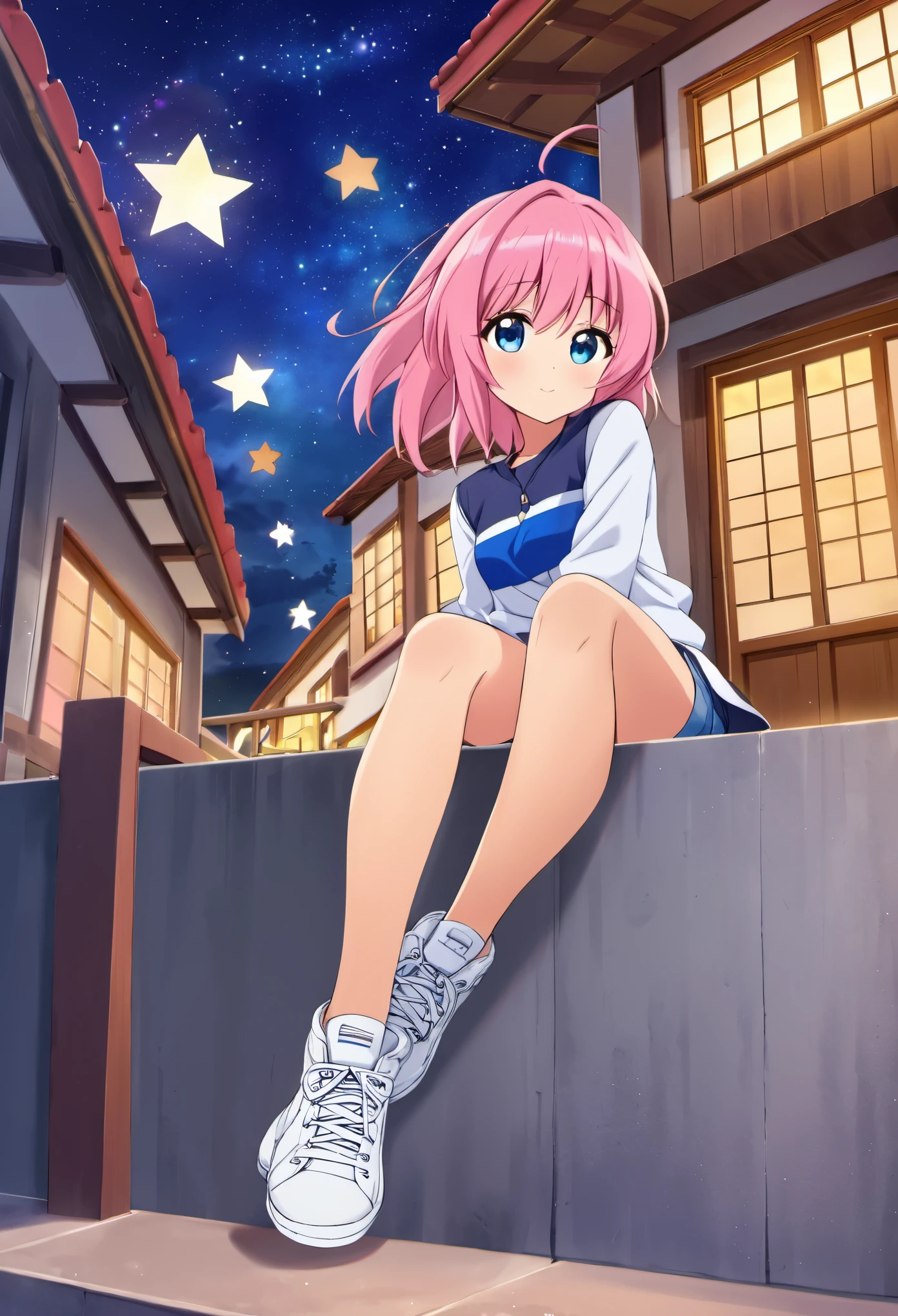 Garota de anime, cabelo rosa, olhos verdes, camisa vermelha, ((roupas folgadas)), short jeans, ((azul claro)), (( cinto de couro)), White sneakers, ((all star)), rosto angelical, sorriso 4:3, olhos semifechados, pele branca, ((fofa)), ((mulher)), ((cabelo curto)), ((rosto feliz)), ((melhor qualidade)), ((4k)), hd, melhor qualidade