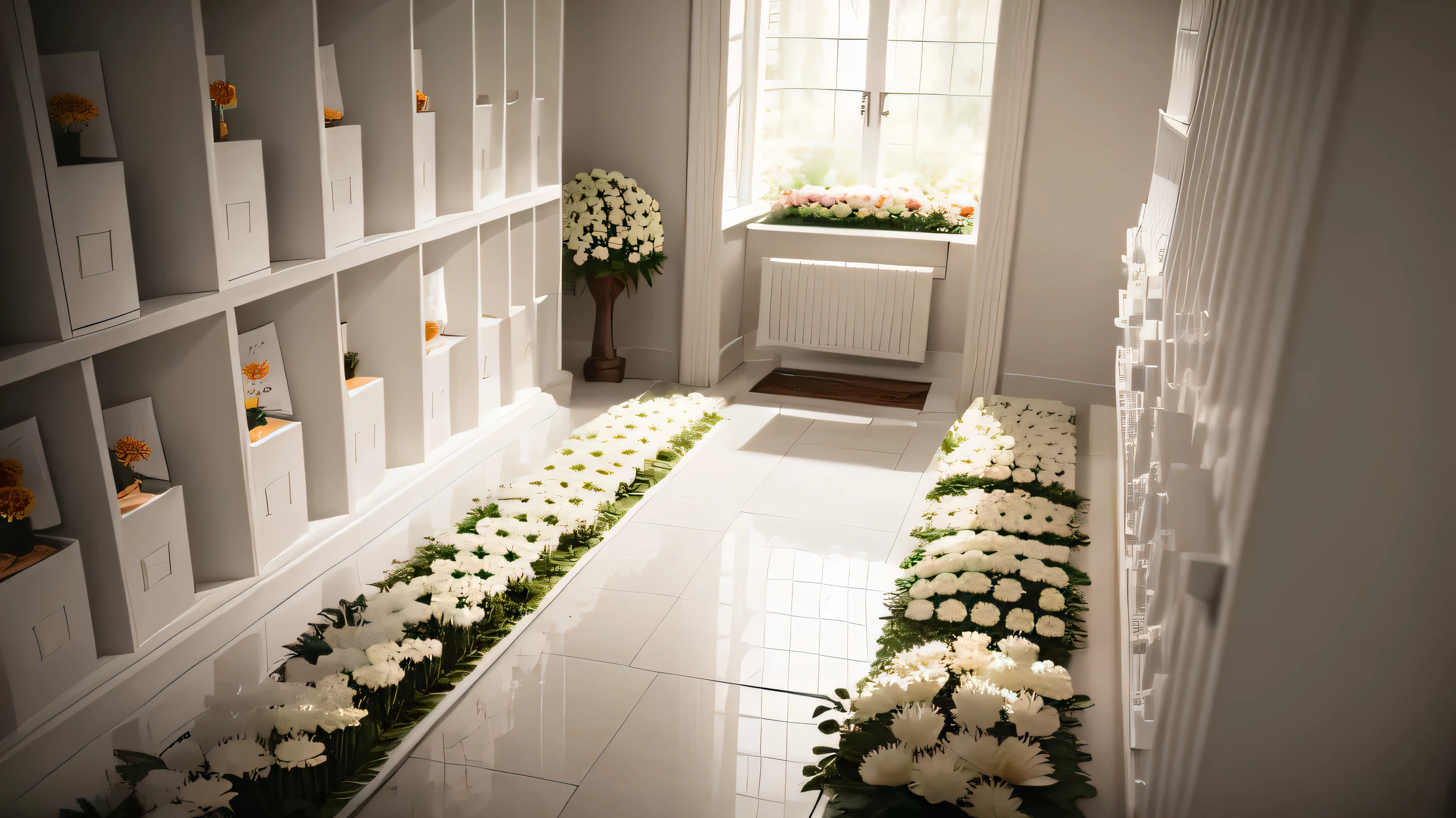 a place to remember the dead,A place where flowers are given to the deceased,Rows of white square boxes on white shelves,memorial funeral home