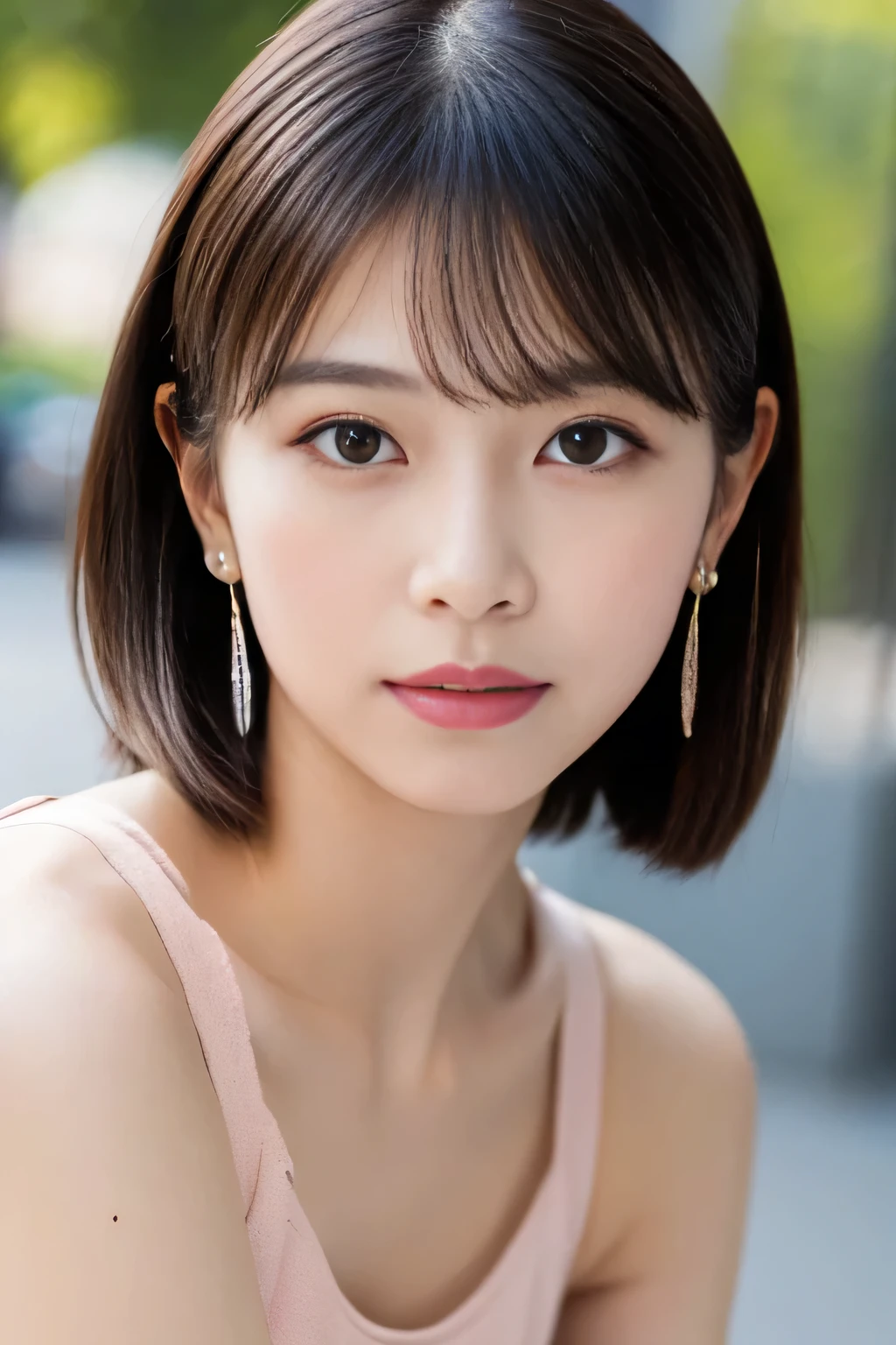 ((highest quality, 8K, masterpiece :1.3)), sharp focus:1.2, bright colors, Professional level, ((Bokeh effect)), shallow depth of field,
20 year old female, (Half Japanese and half German woman), 1 person,
Beautiful face with intelligence, A beautiful woman who emphasizes her supple body :1.3,
Full body image from thighs, model body shape:1.5, 頭w:1.4, beautiful woman with perfect style:1.4,
realistic skin texture, Fair skin, shiny skin,
Narrow shoulders and slender body, beautiful clavicle, thin arms, long and thin legs,
The beauty of slim abs :1.2, thin waist :1.2,
super detailed face, Slim small face, Symmetrical facial expression parts, sharp jaw, Smooth nasal muscles, narrow space between nose and mouth,
highly detailed eyes, long slit eyes, charming brown eyes, double eyelid, beautiful thin eyebrows, fine long eyelashes,
Plump and glossy pink lips, My cheeks turned red, beautiful teeth,
beautiful actress'natural makeup, silver necklace, earrings,
light brown delicate soft hair, (Fluffy diamond-shaped bob, ponytail :1.2),
layer cut, (dull bangs:1.2),
gentle smile, his mouth is half open、Staring in the direction of the camera with a dreamy expression。.,