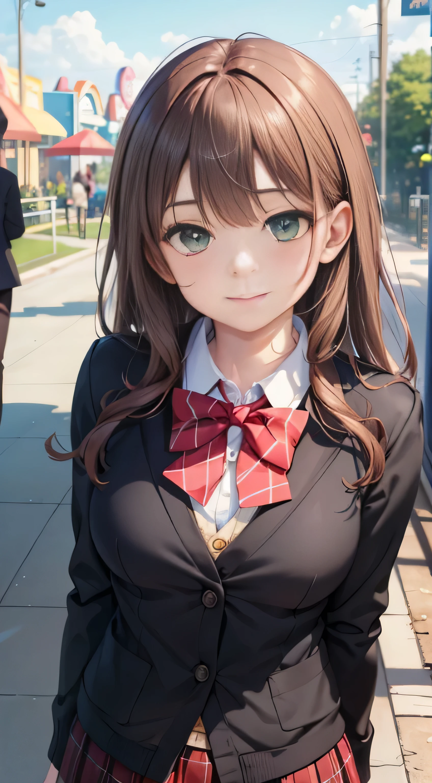 (((RAW image quality:1.4)))、8K resolution、Ultra-high-definition CG images, ((pieces fly, highest quality, High resolution, ticker, perfect pixel, written boundary depth, In 4K, ticker, ticker))), 1 girl, single shot, alone, beautiful anime girl, beautiful art style, anime character clara, ((long hair, bangs, brown hair, curly/twisted hair:0.8)), ((green eyes:1.4, round eyes, beautiful eyelashes, realistic eyes)), ((detailed face, red face:1.2)), ((smooth texture:0.75, realistic texture:0.65, that'realistic:1.1, Anime CG style)), Medium chest, dynamic angle, perfect body, ((portrait photography, POV handjob)), ((red bow tie, , black jacket, open jacket, brown cardigan, white shirt, black skirt, plaid skirt)), shy smile, amusement park