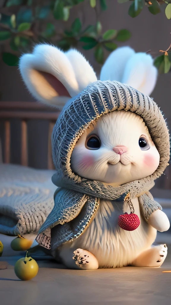 (masterpiece, Award-winning, best quality, High resolution) 3d illustration, 1 cute fluffy bunny, wearing an outfit, Lying on a bed of juicy ripe fruits, Surrounded by colorful orchards.