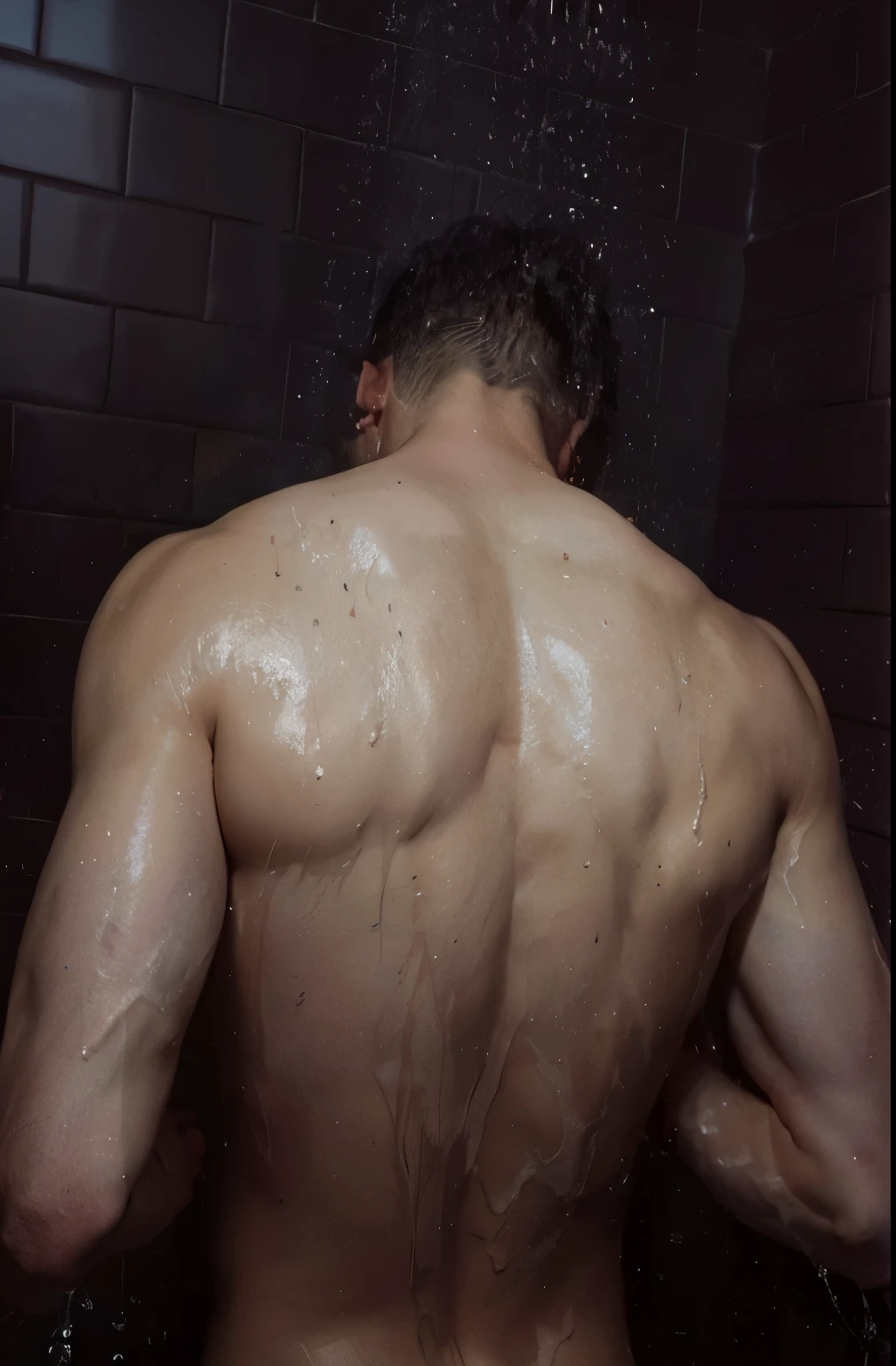 there is a man that is standing in the shower com as costas viradas, debaixo de um chuveiro, from behind, full growth from behind, water dripping from it, tiro from behind, Corpo encharcado, he has his back, from behind, in full growth from behind, shot from behind, vista traseira, com as costas viradas, covered in water drops