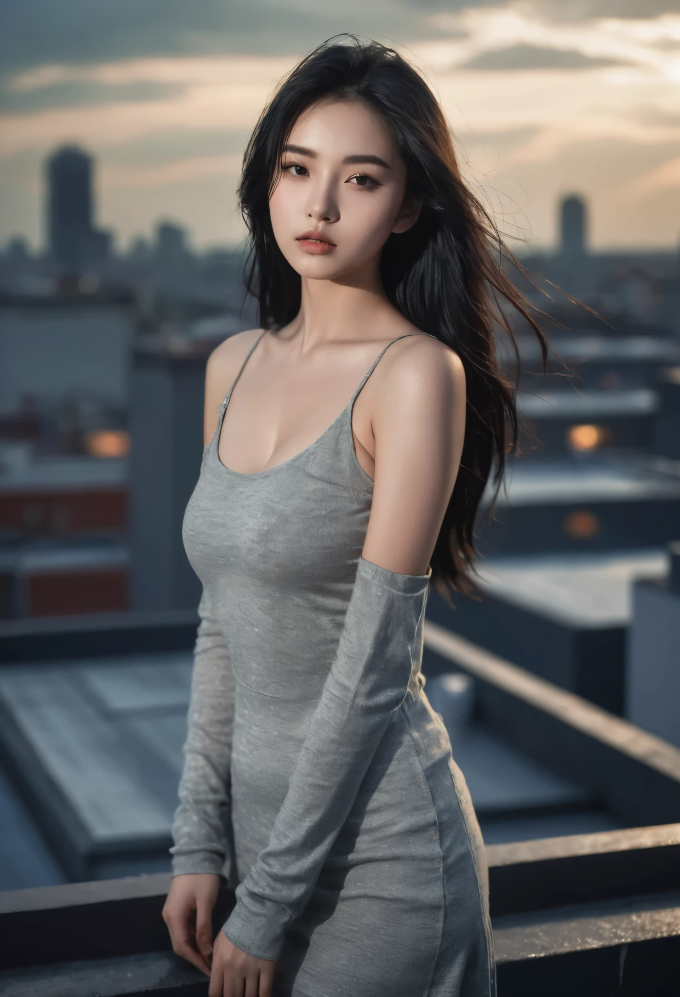 skdress,NSFW,Frontal photography,Look front,evening,dark clouds,the setting sun,On the city rooftop,A 20 year old female,black hair,long hair,dark theme,muted tones,pastel colors,high contrast,(natural skin texture, A dim light, high clarity) ((sky background))((Facial highlights)),
masterpiece,best quality,