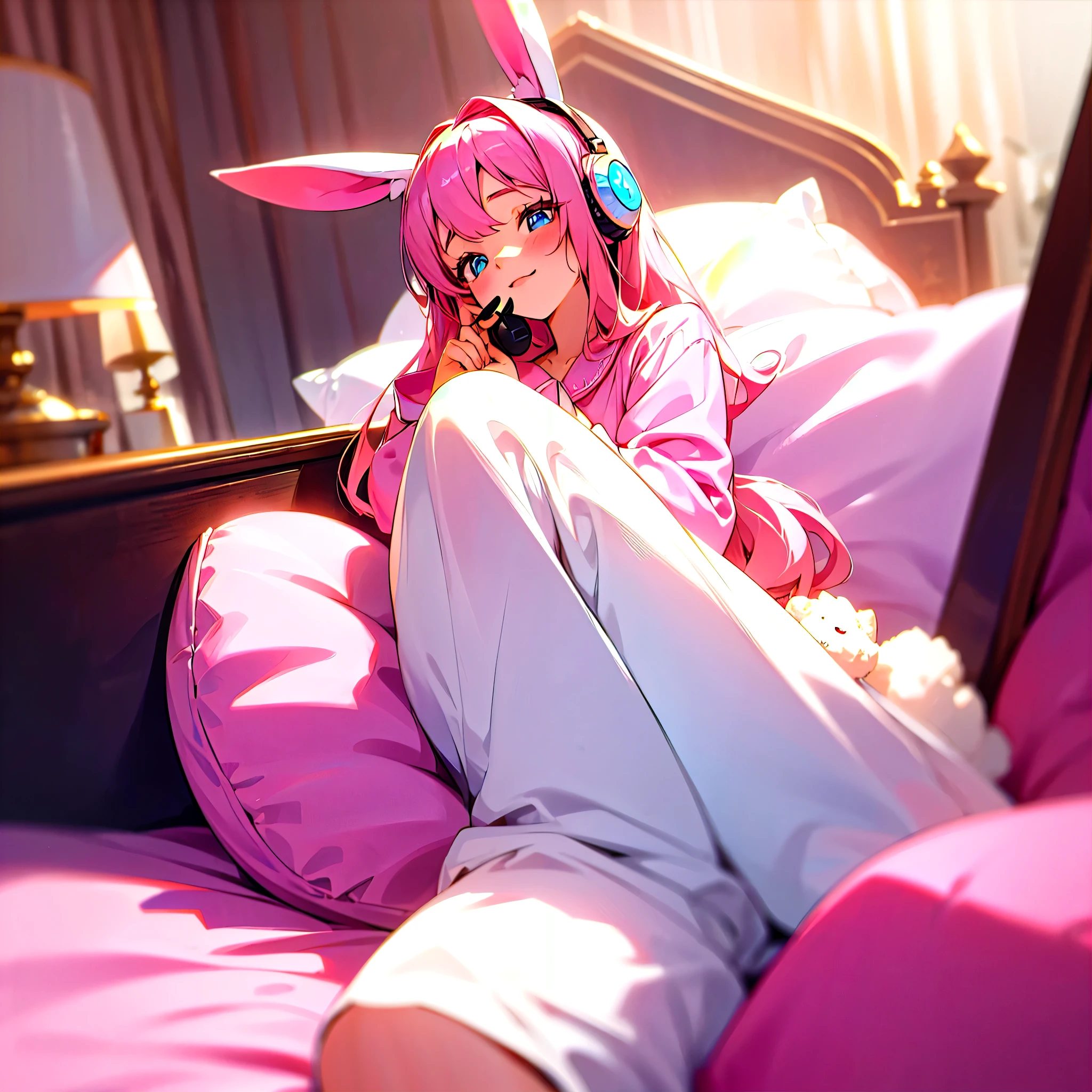 A super cute image captures a girl sitting on her bed, wearing plush pajamas. Her eyes sparkle with joy as she wears a large pink headset shaped like rabbit ears. Every detail is portrayed with realism, from the soft textures of the pajamas to the delicate details of the headset. The scene is like a cozy dream