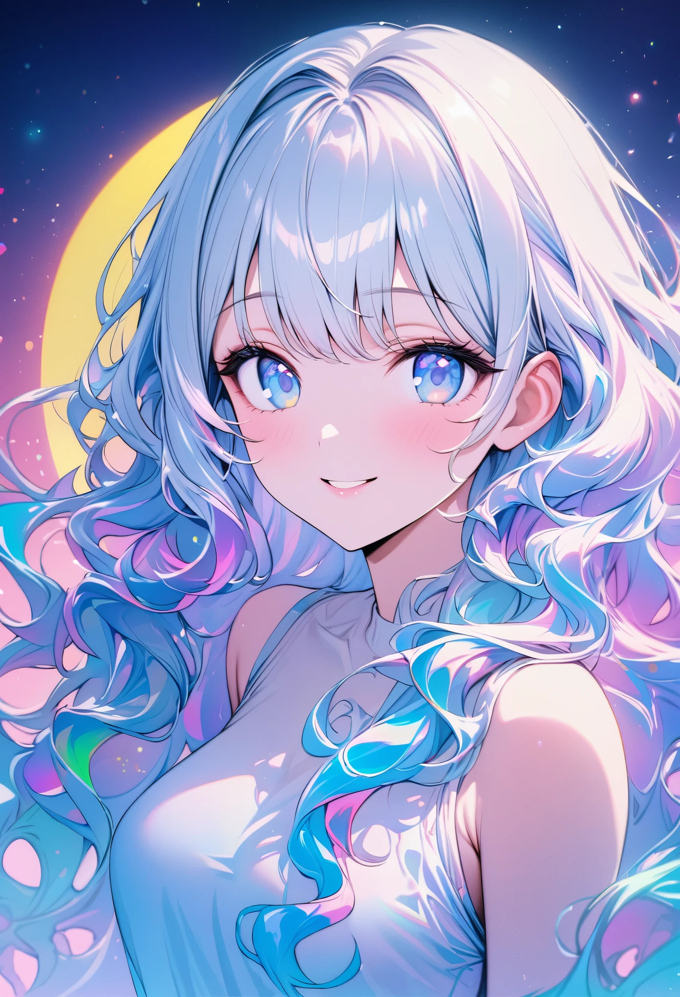 best quality, super fine, 16k, incredibly absurdres, extremely detailed, bust-up portrait of a beautiful woman looking at you and smiling shyly, white glossy messy wavy hair, crescent-moon-shaped blue eyes, beautiful iridescent pastel and vivid colors background