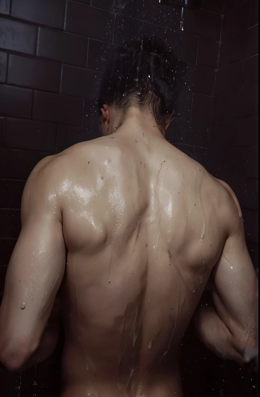 there is a man that is standing in the shower com as costas viradas, debaixo de um chuveiro, from behind, full growth from behind, water dripping from it, tiro from behind, Corpo encharcado, he has his back, from behind, in full growth from behind, shot from behind, vista traseira, com as costas viradas, covered in water drops