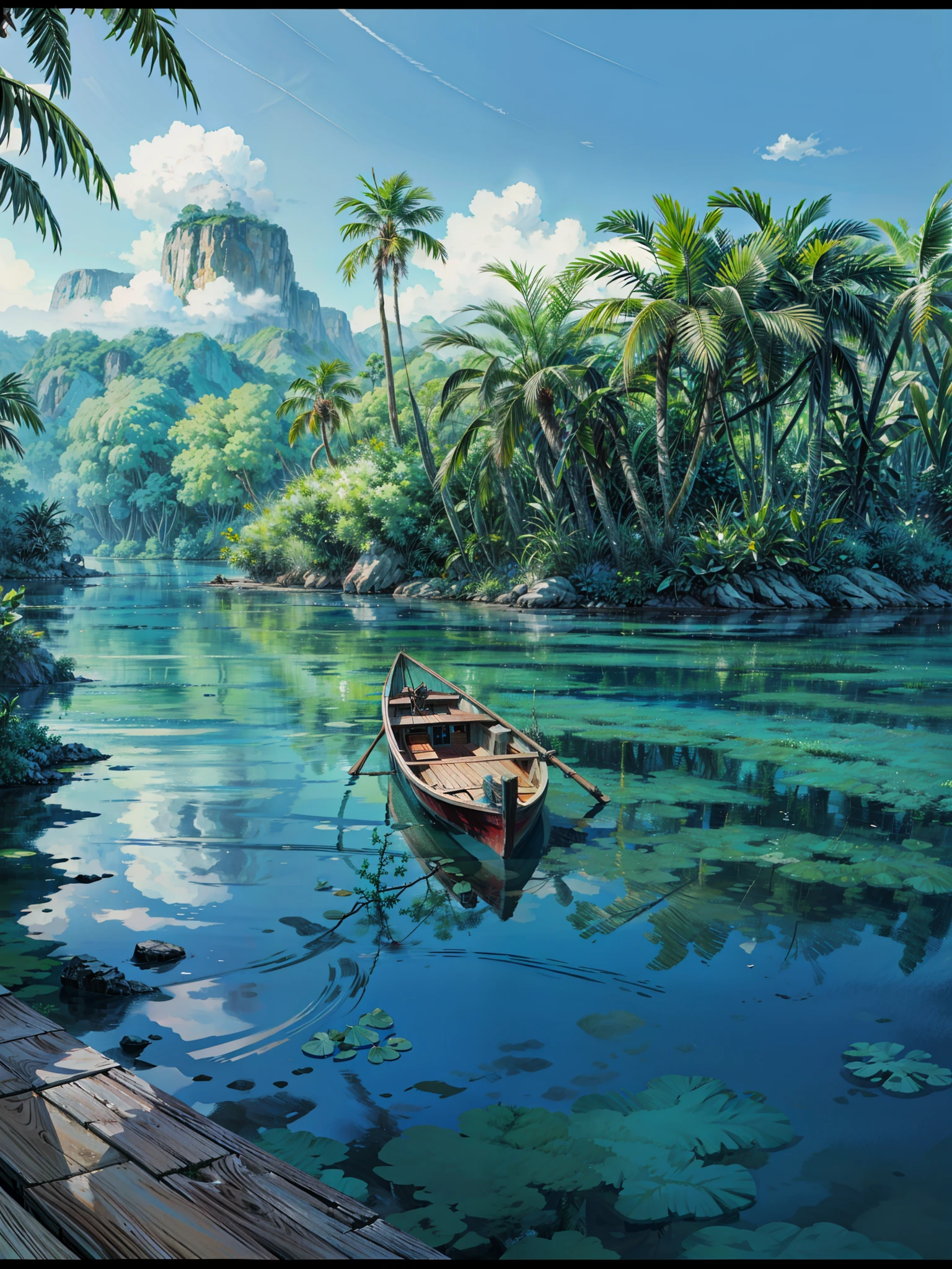 a boat that is sitting in the water, river with stunning water, indonesia, beautiful jungle landscape, beautiful water, wet lush jungle landscape, beautiful jungle, snake river in the jungle, really beautiful nature, indonesia national geographic, green waters, blue and green water, crystal clear water, beautiful nature, vibrant water river, natural landscape beauty, puddles of turquoise water, 4k hd,, beautiful art uhd 4 k, a beautiful artwork illustration, beautiful digital painting, highly detailed digital painting, beautiful digital artwork, detailed painting 4 k, very detailed digital painting, rich picturesque colors, gorgeous digital painting