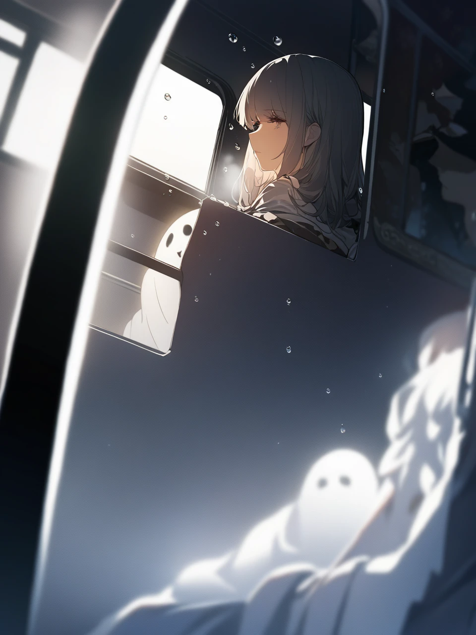 ((Masterpiece), absurd quality, 16k, 1 girl with short hair, wearing a dark blue coat, she is sitting inside a long, poorly lit subway. In the carriage, at the very back, in a dark corner poorly lit by a blinking light , a Kaonashi character, is translucent, almost invisible due to the poor lighting. The girl in profile breathes cold air that comes from her breath. A blurred light that comes from outside the carriage through the window fogged by droplets of cold rain illuminates the atmosphere of the carriage. The girl with a serene and thoughtful expression is being watched by faceless ghosts.