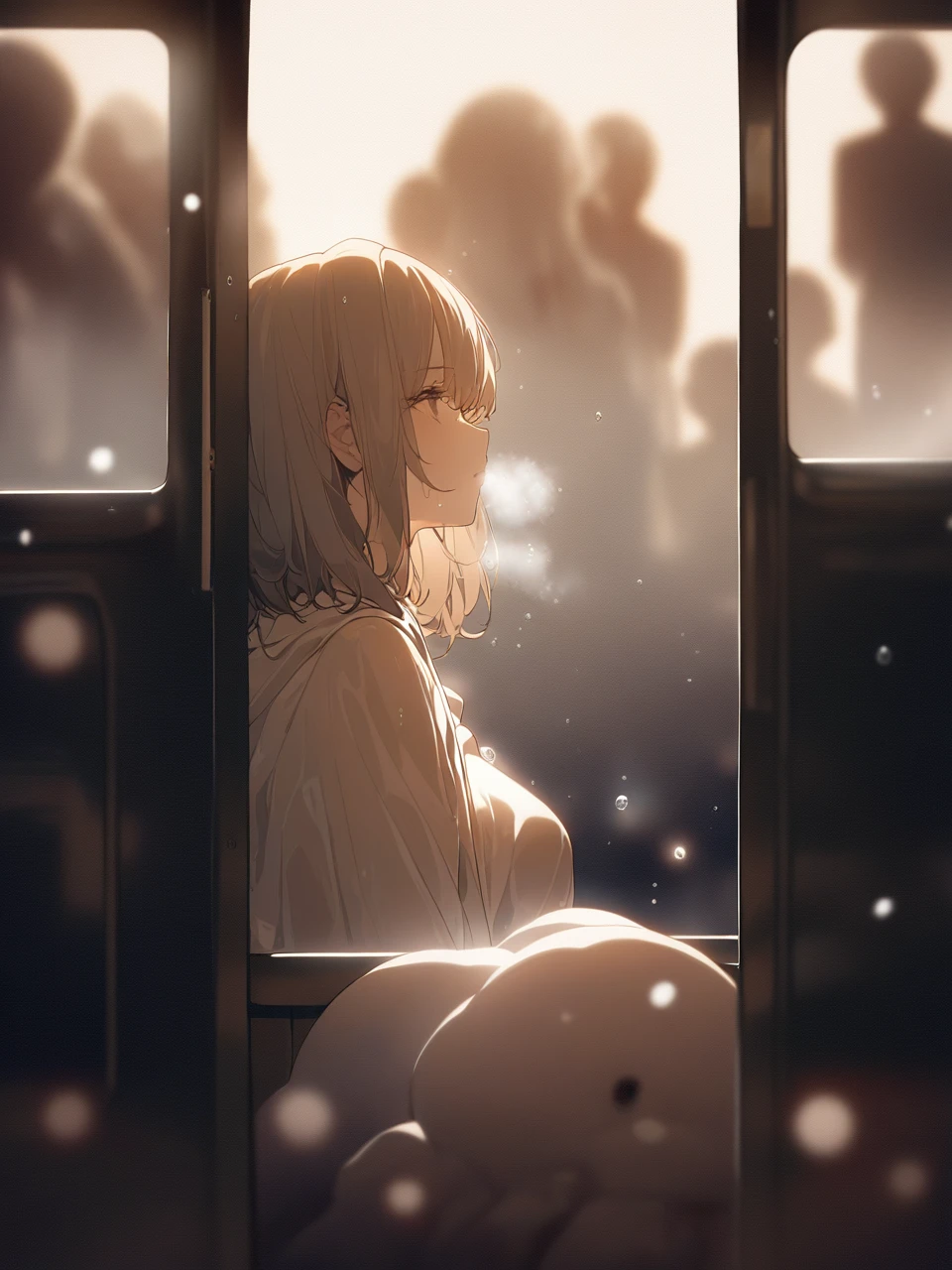 ((Masterpiece), absurd quality, 16k, 1 girl with short hair, wearing a dark blue coat, she is sitting inside a long, poorly lit subway. In the carriage, at the very back, in a dark corner poorly lit by a blinking light , a Kaonashi character, is translucent, almost invisible due to the poor lighting. The girl in profile breathes cold air that comes from her breath. A blurred light that comes from outside the carriage through the window fogged by droplets of cold rain illuminates the atmosphere of the carriage. The girl with a serene and thoughtful expression is being watched by faceless ghosts.