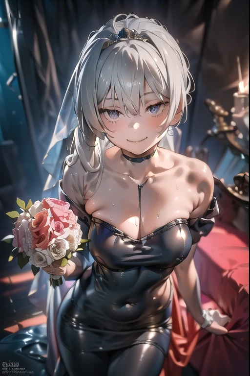 (from above:1.2),(from side:0.9), ((Face)), (Close-Up:0.4), ((looking at viewer, holding a bouquet to his mouth)), highest quality、(real、photorealistic:1.4)、(RAW photo:1.2)、very detailed CG unity 8k wallpaper, delicate and beautiful, wonderful, Fine detail, official art, disorganized, very disorganized, huge file size, Ultra-detailed, very detailed, very detailed girl, very detailedなeyes and face, Bright on the face、(age girl:1.7)、small smile, ,smiling, miorine rembran, ahoge, (white hair:1.25), hair between eyes, hair bun, (long hair:1.25), tiara,,ruanyi0261,off-shoulder dress,pearl \(gemstone\),tiara,veil,wedding dress, wedding necklace, wedding long gloves, (luxurious bouquet), chapel, Stained glass,(best quality, highres, masterpiece:1.2), ultra-detailed, (realistic:1.37) illustration, erotic style, soft lighting, sweat glistening on her body, gentle warmth, dark and mysterious, small breast,narrow waist,(with sparkling eyes and a contagious smile),her thin pubic hair, looking at viewer,