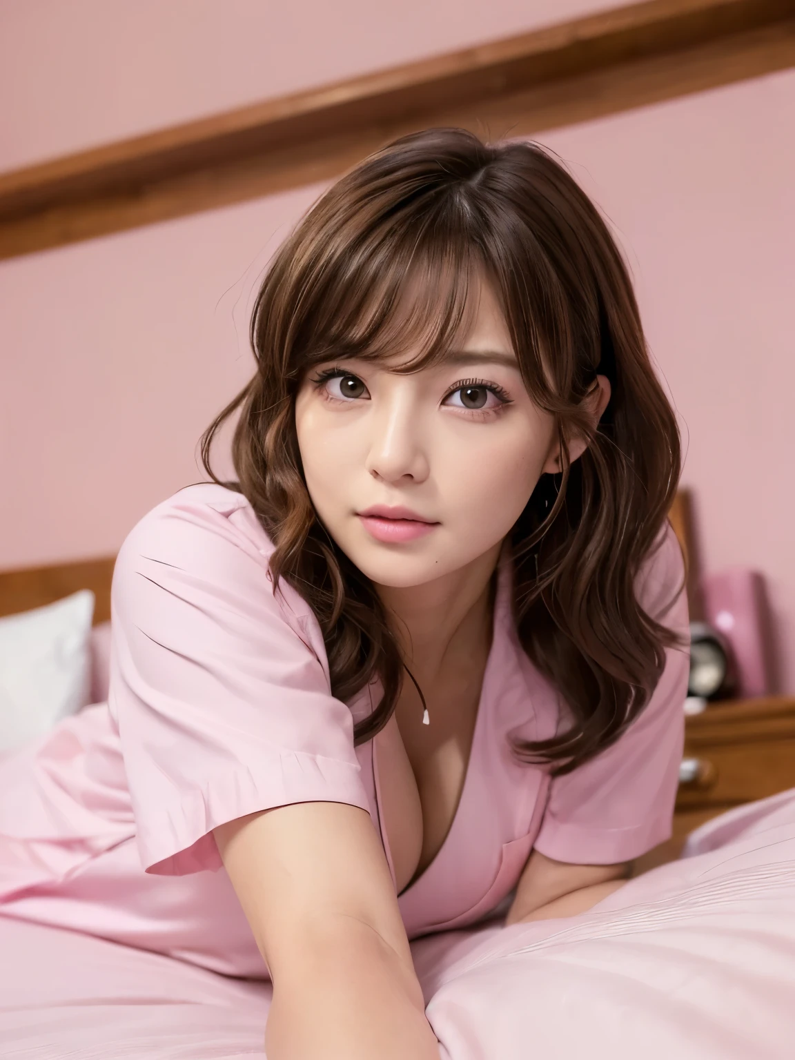 (1 woman、Japanese、30 years old、Refreshing、clear、seems kind、stylish、(narrow eyes),long eyes、Pitiful、cute like an angel、cute、black eyes、Idol,actress,),(very cute)、(chestnut hair:1.4),(curly hair:1.4),(medium long hair),(enchanting eyes),(highlight on eyes:1.4)、(8K、Live shooting、highest quality、masterpiece:1.2、optimal lighting)、((masterpiece)),(Photo taken by a professional photographer),(real、photo real:1.4),{ (Pink theme:1.4),(nurse costume),(nurse)},(cleavage,) break, break,(Hospital,hospital room),(on the bed),(night),break,,break,( Shy:1.2),(face shot),(Lying on the bed, face facing the viewer:1.6)