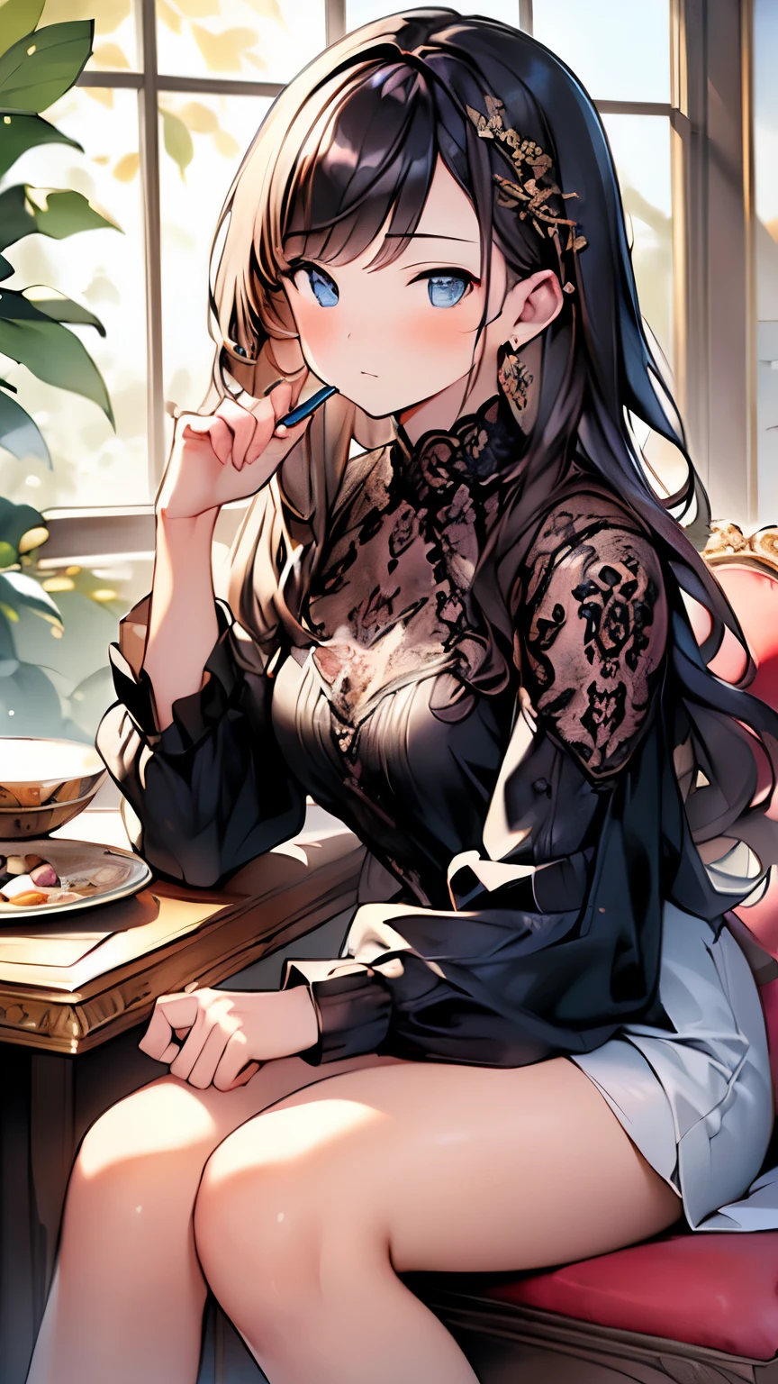 (masterpiece, highest quality, detailed drawing, official art, beautiful and aesthetic:1.2), 1 girl,((The gesture of brushing up one&#39;s bangs)),sitting with one&#39;s knees