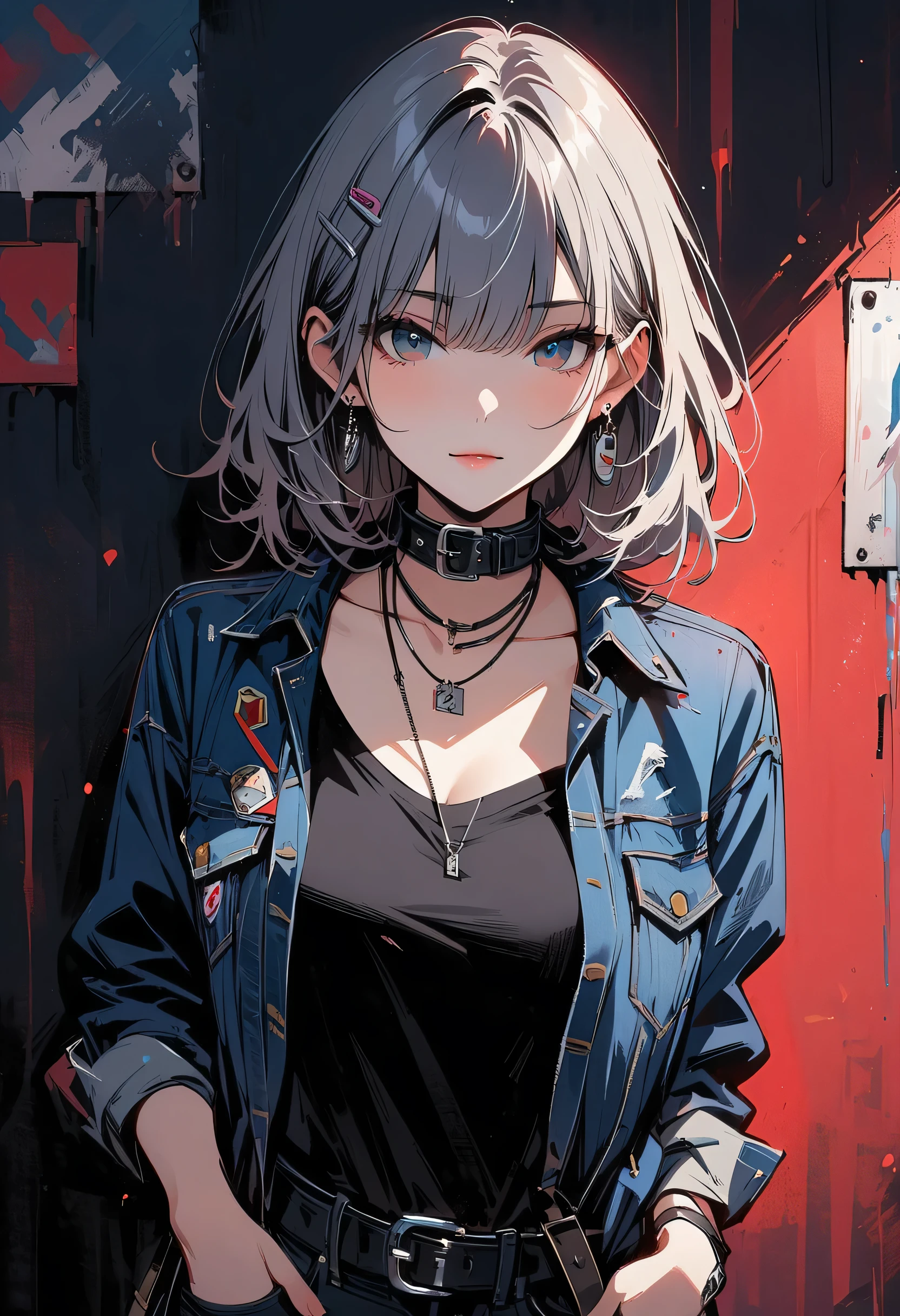 (masterpiece:1.2, best quality), (1 lady, alone, Upper body:1.2), hair: buzz clip, clothing: extra large, Distressed denim jacket with patches and pins, Wear yours with black skinny jeans and combat boots, Accessories: Silver earrings and black collar necklace, Hanging out in an underground music venue or street art exhibit