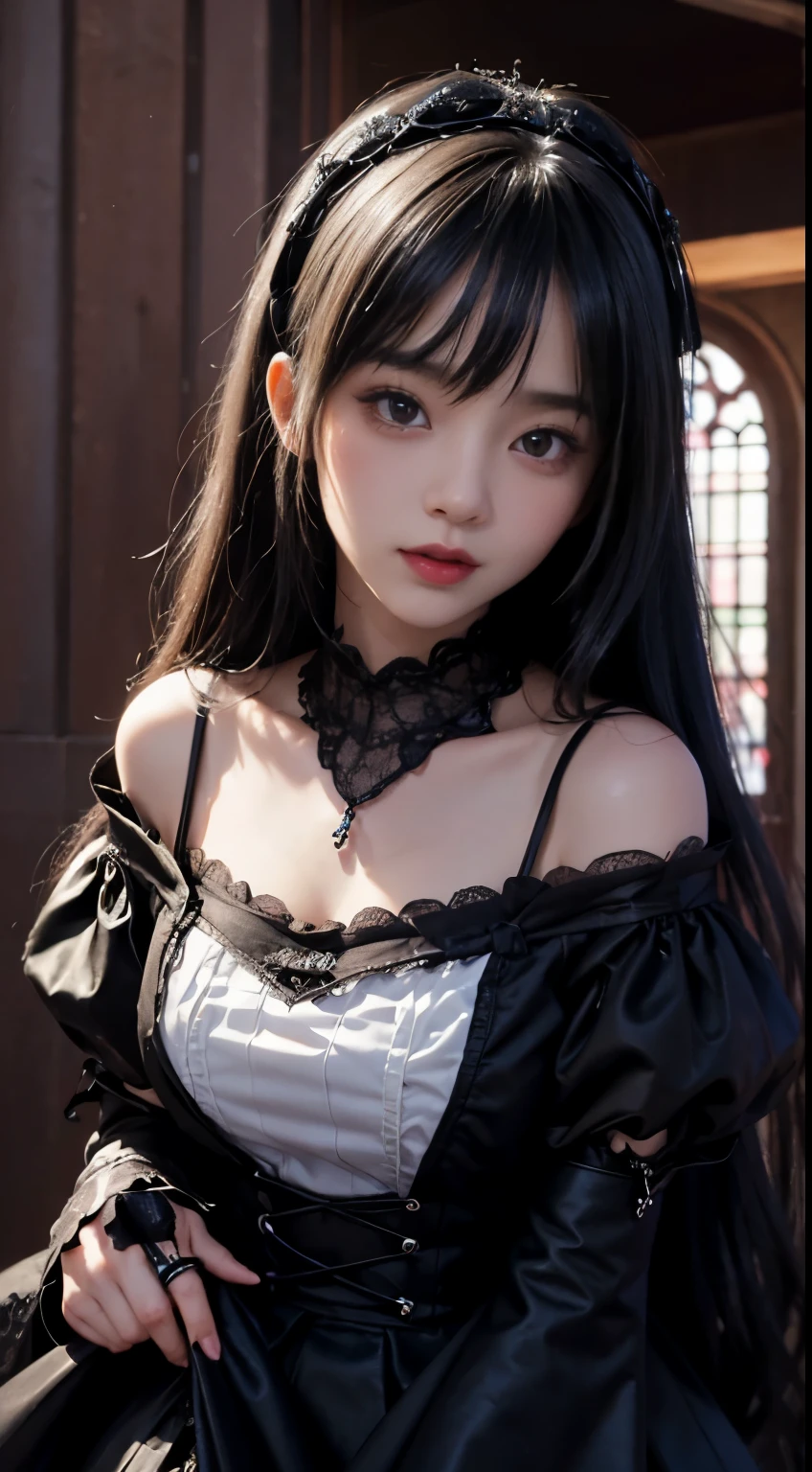 top-quality　​masterpiece　8K Masterpiece　Face with ultra-detailed details　Draw the face in detail　One woman wearing Gothic Lolita　Full body photo　kawaii pose　Sexy Pictures　Focus on the face　Kamimei　Close-range photography　The majority of users on the screen　profetional lighting　Cute goth  flapping　Vibrant photo　red blush　Shyness　perspiring　agitation　Happy expression　Sullen expression　Ecstatic look Sex appeal　The neat and clean heroine of a dating simulation game　Shiny wet crow hair　Gloss　Bruises and cuteness　Buriko　Unreality　absurderes　unbelievable　Gothic lolita　A sexy　A sexy　A sexy　A sexy　A sexy　A sexy　Mini　childish　Heavy bangs　Underwear is visible through clothes　Pants are visible from under the skirt　sexy  pose　Lots of skin tones　Bet　Cute Cute　White lace headdress　borgar