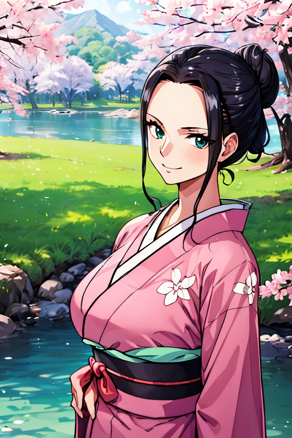 masterpiece, highest quality, 8K, ultra high resolution, highest quality, anime style, best writing, beautiful face,
Nico Robin, wano style, 1 girl, aqua eye, black hair, closed your mouth, 最高のsmile
(half updo:1.3), luxurious kimono, big breasts, long hair, 非常にlong hair, free pose, smile, alone, Are standing, Cherry blossom trees, River side, ((masterpiece)) , upper body