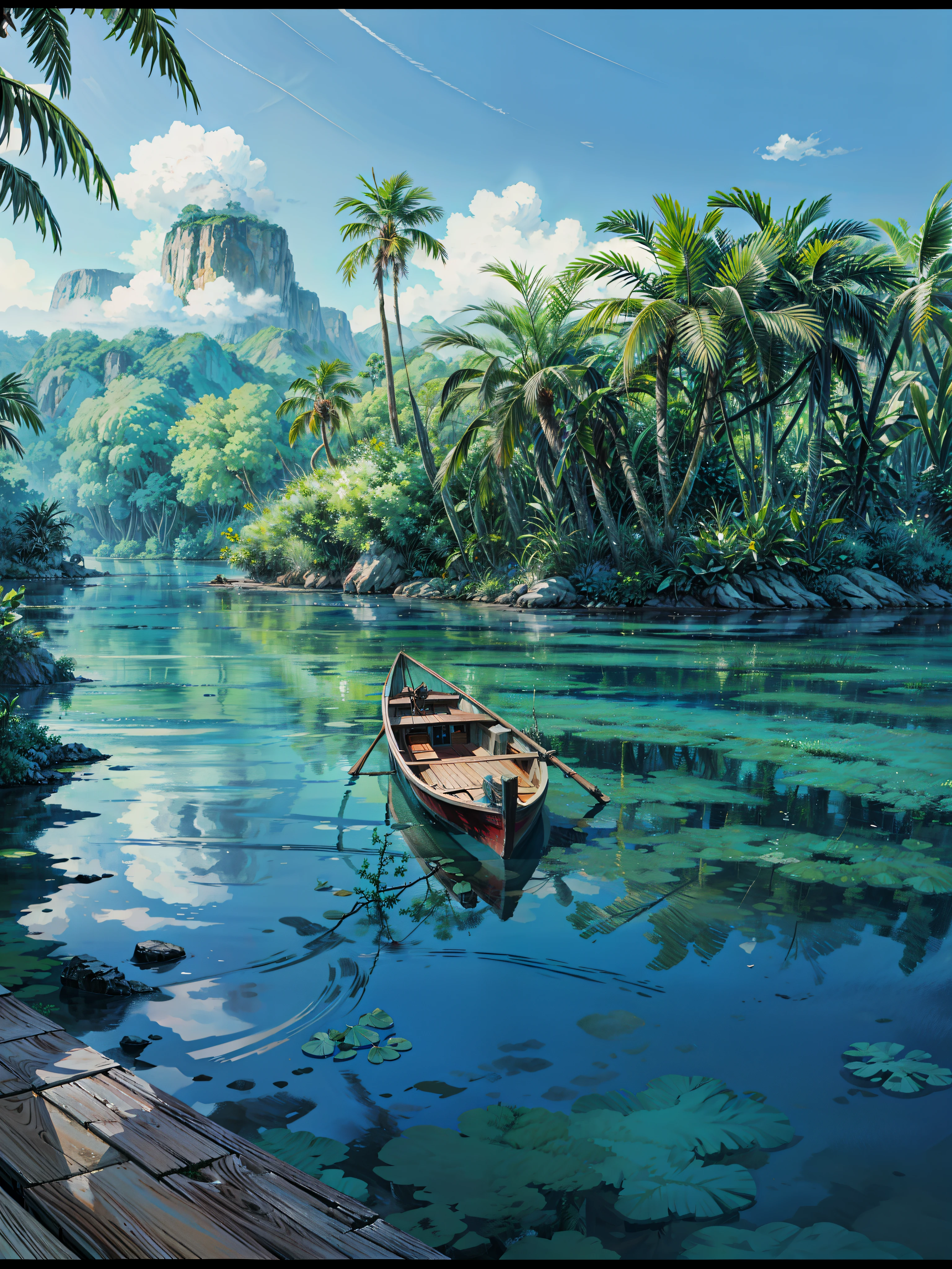 a boat that is sitting in the water, river with stunning water, indonesia, beautiful jungle landscape, beautiful water, wet lush jungle landscape, beautiful jungle, snake river in the jungle, really beautiful nature, indonesia national geographic, green waters, blue and green water, crystal clear water, beautiful nature, vibrant water river, natural landscape beauty, puddles of turquoise water, 4k hd,, beautiful art uhd 4 k, a beautiful artwork illustration, beautiful digital painting, highly detailed digital painting, beautiful digital artwork, detailed painting 4 k, very detailed digital painting, rich picturesque colors, gorgeous digital painting