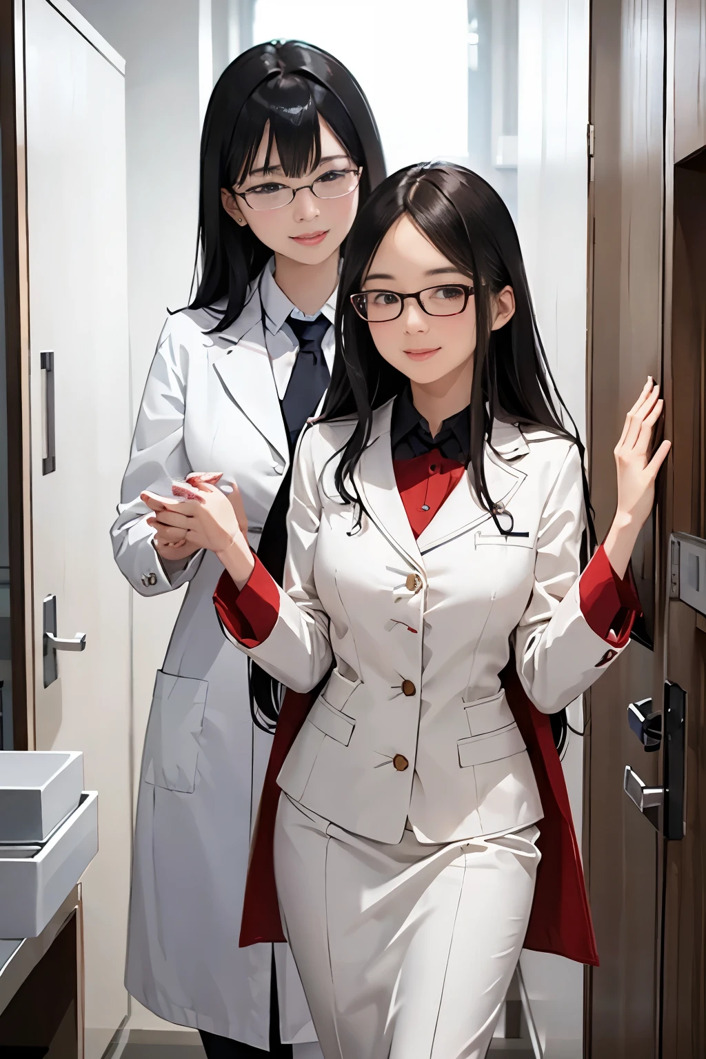 wore red-rimmed glasses、2D beautiful woman、female doctor、wearing a white coat、clinic teacher、hair is long and black、medium sized breasts,, leaning forward、Look at me and smile、Kamimei、(perfectly detailed face), (fine hands) 